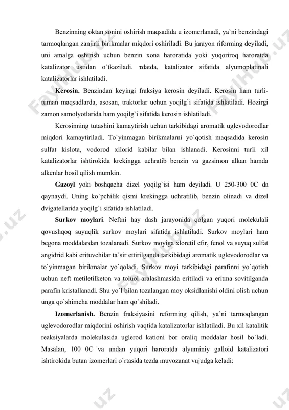 kationlar zanjirsimon reaksiyani boshlab beradi. zanjirsimon reaksiya vaqtida yangidan hosil bo`layotgan kationlar qayta guruhlanadi va so`ng izomerlanadi. tashabbuslanish (erkin radikal hosil bo`lishi) alifatik va alitsiklik uglevodorodlarning alyuminiy xlorid ta`sirida krekinglanishi va izomerlanishini dastlab n. d. zelinskiy kashf etgan va uning shogirdlari m. b. turovoy-polyak, n. i. shuykin, y.a.arbuzov hamda boshqalar davom ettirganlar. kreking. neftning yuqori haroratda haydaladigan fraksiyalarini krekinglab benzin va gazsimon uglevodorodlar hosil qilish mumkin. krekint jarayoni katalizator ishtirokida va yuqori haroratda olib boriladi. 9– jadvalda neft fraksiyalari krekinglanganda qancha benzin hosil bo`lishi ko`rsatilgan. 9– jadval. neftning turli fraksiyalarini 1 soat davomida 425 0c da krоkinglanganнa hosil bo`laнigan bоnzin miqнori neft fraksiyalari hosil bo`lgan benzin miqdori % solvint neft – kerosin 15 gazoyl 16 qoldiq 18 τg`ir distillyat 22 alkanlarda c-c bog` eng kuchsiz hisoblanadi. bu bog` 450°с da uzila boshlaydi va natijada erkin radikallar hosil bo`ladi. moysimon og`ir uglevodorodlar termik kreking qilinganda c-c bog`lar uzilishi hisobiga turli moddalar …