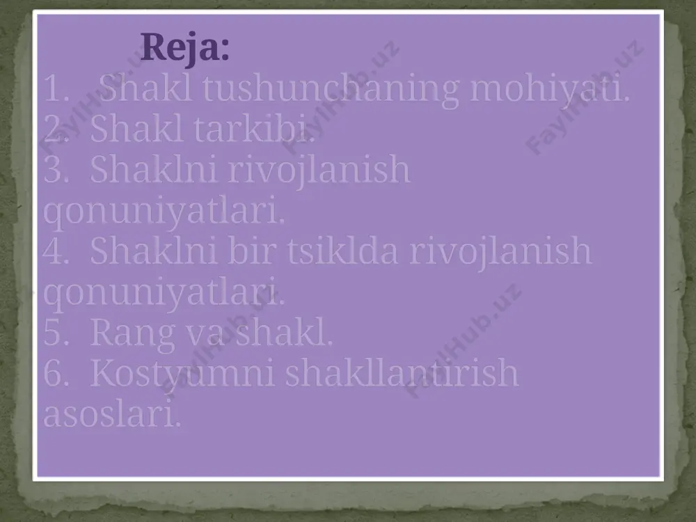 monlarni olib zamonga yarasha o’zgaradi va unga mos bo’ladi. klassik shakl modadan xech qachon chiqmaydi, ba’zan esa ustunlik qiladi. классик услуб : шанель. 8 bazaviy shakl - bu ijtimoiy va moddiy turmushning g’oyaviy-siymoli tamoyili va odamga estetik ta’sir etadigan shakldir. u muayyan badiiy uslub shaklning g’oyasini ifodasidir. bazaviy shakl asosida barcha keyingi shakl turlarining dastlabki tarkiblari tuziladi. bu shakl buyumlar seriyasi asosida bo’ladi. bazaviy shakl quyidagi xususiyatlarga ega: - shakl asosidagi geometrik elementlarning birligi va barqarorlikka asoslangan uyg’un bog’langan yaxlitligi; - uzoq vaqt davomida bo’limlarning deyarli turg’un o’zaro nisbatlari; - ilmiy, texnikaviy va estetik saviyani ifodalaydigan muayyan tarkibni mavjudligi; - ma’lum plastik siymoni (gavda tutish – qomatni) ifodalashi; - bazaviy shakl asosida yotgan tizim bo’limlarning o’zaro aloqasini birligi; image3.jpeg image4.jpeg image5.jpeg image6.jpeg image7.jpeg image8.png