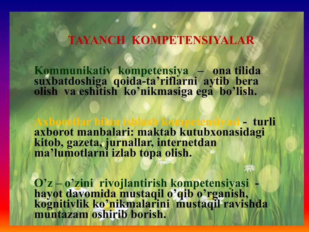 chkasi, gulxan alangasi, kerosin lampasi, televizor ekrani, elektr va gaz payvandi, lyuminessent lampalar, qizigan gazlar va h.k. lar kiradi. yorug`likning tabiiy manbalari yorug`likning sun’iy manbalari yorug`likni qabul qilgichlar o’tilganlarni mustahkamlash: 1. yorug’lik tezligini birinchi bo’lib kim va qachon aniqlagan ? 2. yorug’likning vakuumdagi tezligi qancha ? 3. quyosh nuri yerga taxminan qancha vaqtda yetib keladi? 4. quyoshli kunda qorong'ilashtirilgan xonaga deraza orqali tushayotgan yorug'lik dastalarining ko'rinishini qanday tushuntirish mumkin? 5. shu xonaga tushayotgan nurlarning ko'zga ko'rinmasligiga qanday erishish mumkin? uyga vazifa: o’tilgan mavzuni o’qib kelish va mavzu oxiridagi savollarga javob yozib kelish e’tiboringiz uchun rahmat! image1.jpg image2.png image3.jpg image4.jpeg image5.jpg image6.jpeg image7.jpg image8.jpeg image9.jpeg image10.jpg image11.jpg image12.jpeg image13.jpg image14.png image14.jpg image15.jpeg image16.jpeg image17.jpeg /docprops/thumbnail.jpeg