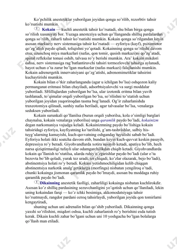 susiyatiga ega. masalan, ksikain 20% o’zgarmagan holda bir sutka ichida buyraklar orqali chiqib ketadi, qolgan qismi jigarda metabolizmga uchraydi. anesteziya turlari: 1. yuza terminal anesteziya. mahalliy anestetiklar shilliq pardalar, yaralar, jarohatlar yuzasida joylashgan sezuvchan nerv tolalarining oxirida anestetik tahsir ko’rsatadi. bu xil anesteziya oftalg’malogiya, stomatologiya, otorinolaringologiya, urologiya, xirurgiyada yaralarni, quygan joylarni davolashda qo’llaniladi. terminal anesteziya uchun kokain, dikain, lidokain qo’llaniladi, bu moddalar shilliq qavatdan sezuvchan nervlar oxiriga osongina o’tadi. terminal anesteziya uchun suvda erimaydigan anestetik — anestezin ham qo’llanadi, bu modda jarohatlangan, yaralangan yuza joylarga qo’yiladi. oshqozon yarasida kukun shaklida ichishga hamda to’g’ri ichak kasalliklarida — bavosilda shamchalar shaklida to’g’ri ichakka qo’yiladi. pediatriyada yuza anesteziya ko’zning rangdor pardasini, burun yo’llarini (intranazal) intubatsiya qilishda, oshqozonni, uretrani zond bilan tekshirishda, kuygan yuzalarni davolashda qo’llaniladi. 2. infilg’tratsion anesteziya. bunda anestetik eritma teridan boshlab qetma-qet chuqurroq joylashgan to’qimalarga, jarrohlik uchun kesiladigan joyga yuboriladi. mahalliy anestetiklar sezuvchan nerv tolalariga va ularning oxiriga tahsir ko’rsatadi. bu …