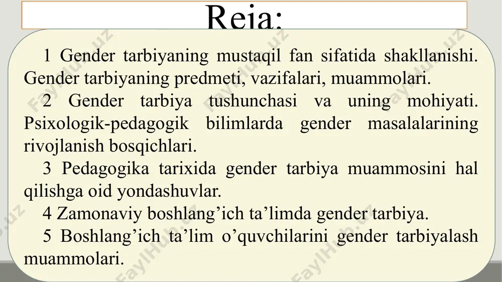i o‘rnini ajratishga qaratilgan. jamiyatda ayol va erkaklarning o‘z o‘rnini topishi va belgilashi uchun davlat ularga bir xil sharoit va imkoniyat yaratib berishi gender tenglikni ta’minlashda asos bo‘lib xizmat qiladi. gender tengligi masalalari milliy qonunchiligimizda ham o‘z aksini topgan, ya’ni 2019-yil 2-sentabrda o‘zbekiston respublikasining “xotin-qizlar va erkaklar uchun teng huquq hamda imkoniyatlar kafolatlari to‘g‘risida”gi o‘rq-562-son qonuni qabul qilindi. hujjat o‘zbekiston respublikasi oliy majlisi qonunchilik palatasi tomonidan 2019-yil 17-avgustda qabul qilindi hamda o‘zbekiston respublikasi oliy majlisi senati tomonidan 2019-yil 23-avgustda ma’qullandi. prezident shavkat mirziyoyev 2019-yil iyun oyida oliy majlis senatida: “meni kishilarimizning ongida paydo bo‘lgan stereotip ko‘p o‘ylantiradi. odatda biz ayolni, avvalambor, ona, oila qo‘rg‘onining qo‘riqchisi sifatida hurmat qilamiz. bu, shubhasiz, to‘g‘ri. ammo bugun har bir ayol oddiy kuzatuvchi emas, balki mamlakatda amalga oshirilayotgan demokratik o‘zgarishlarning faol va tashabbuskor ishtirokchisi ham bo‘lishi kerak” biologik jins va ijtimoiy jins differensiyasi 1935-yilda polineziya orollarida o‘smirlarning ijtimoiylashuvini tadqiq etgan amerikalik antropolog margaret mid tomonidan …