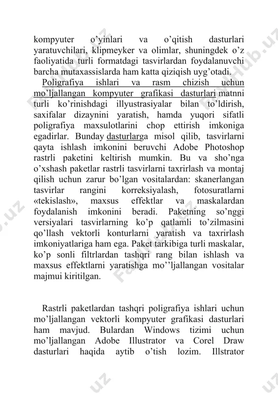 tlarida ishlaydi. rangli grafik va xaritalarni bu dasturlar yordamida ixtiyoriy monitor yoki tashqi qurilmalarga chiqarish mumkin. surfer paketi z=f(x,y) ko’rinishdagi funksiyalar bilan aniqlanadigan ikki o’lchovli berilganlarga ishlov berish va vizuallashtirishga mo’ljallangan. u tekislikning raqamli modelini ko’radi, yordamchi amallarini bajaradi hamda natijalarni vizuallashtiradi. grapher dasturi y=f(x) ko’rinishdagi funksiyalarga ishlov berish va grafiklarini yasashga mo’ljallanagan. unda bir rasmdagi grafiklar soni va grafiklardagi egri chiziqlar soni cheklanmagan. xar bir egri chiziq 32000 tagacha nuqtadan iborat bo’lishi va bir grafikda xar hil o’lchovli, masshtabli bir nechta koordinata o’qlari bo’lishi mumkin. mapviewer paketi kartalarni kiritish taxrirlash-masshtablarni o’zgartirish, koordinatalarni o’zgartirish hamda kartalar bilan bog’lik raqamli axborotga( masalan- demografik ma’lumotlarga) ishlov berish va grafik ko’rinishda chiqarish imkonini beradi. yuqorida keltirilgan vizuallashtirish dasturlaridan tashqari umumiy holda ishlatiladigan quyidagi vizuallashtirish dasturlari ham bor: iris explorer, vis-5d, pv- wave, khronos, data visualizer, data explorer. sgidagi earth watch dasturi yordamida er ob–xavo sharoitining uch o’lchovli tasvirini modellashtirish va ko’rsatish, kosmik suratlar …