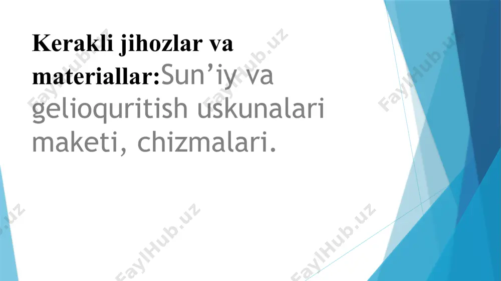 uning yagona kamchiligi bo‘lib, arzon ishchi kuchida bunday kamchilik unchalik muhim emasdir. quyoshli quritishda ventilyatorlardan foydalanish quritishni yuqori haroratlarda olib borishni nazorat qilish imkoniyatini yaratadi. lekin bunday quritishda o‘ta kuchli nazorat zarurdir, chunki yuqori haroratda mahsulotning sirti tez qurib, ichi nam bo‘lib qolishi mumkin. bunday holatni “yuzaning mustahkamlanishi” deb ham ataydilar. bu quritilayotgan mahsulotning qurish holati to‘g‘risida soxta tasavvur hosil qiladi. bunday mahsulotni saqlashda qolgan namlik mahsulot sirtiga chiqib, uning namligini oshiradi va buzilishiga olib keladi. 1-vazifa. ochiq havoda – quyoshda quritishni talabalar yozgi amaliyot vaqtida o‘quv xo‘jaligida yoki boshqa yerda o‘rganadi. har bir talaba shaxsiy topshiriq bajaradi (nav, mahsulot turi, xom-ashyoni tayyorlash, quritish texnikasi). qurigan mahsulot sifatiga qarab qishda baholanadi va tahlil qilinadi. qurigan mahsulotni asosiy sifat ko‘rsatkichlaridan biri uni bo‘rtishi, ya’ni avvalgi holiga kelishi, (katta kichikligi, shakli, tashqi ko‘rinishi bo‘yicha yangiligida qanday bo‘lsa o‘sha holiga qaytishi). bo‘rtib chiqishni aniqlash uchun quruq mahsulotdan 50 gr namuna olinadi va 300-500 …
