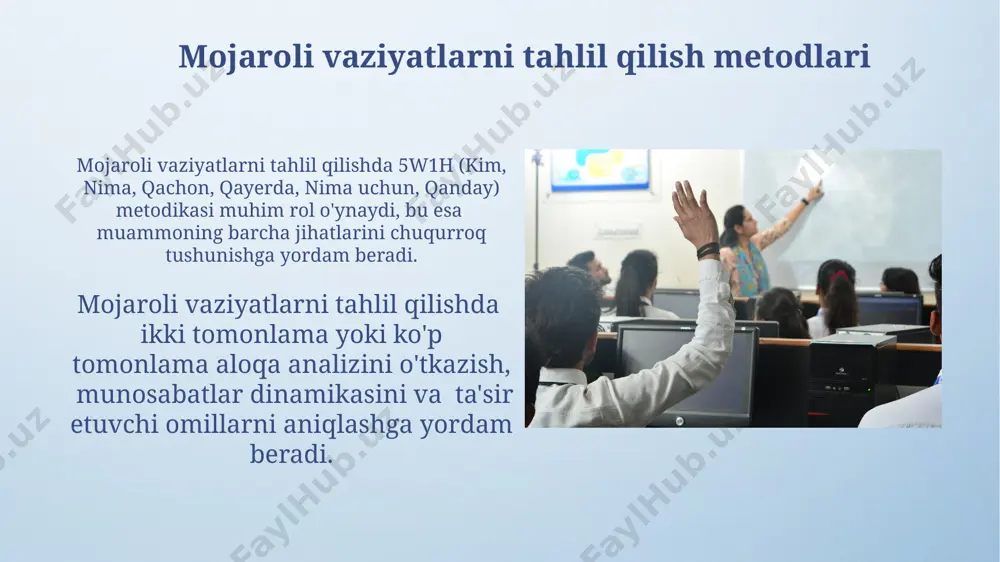 shuvlar va sun'iy intellekt texnologiyalaridan foydalanish 30% ga qadar vaqtni tejashga va 15% ga muammolarni tezroq hal qilishga yordam beradi. onlayn mojaro boshqaruvi uchun maxsus dasturlar va chatbotlarning joriy etilishi foydalanuvchilarning 85% da stress darajasini pasaytiradi va muloqot samaradorligini oshiradi. mojarolarni oldini olishning pedagogik usullari rol o‘yinlari va simulyatsiyalar orqali 2-4 nafar o‘quvchi ishtirokida 3 ta turli mojaro stsenariylarini o‘ynash, ularning hal etish usullarini tahlil qilish pedagogik jihatdan foydalidir. o‘quvchilarga 7 xil mojaro hal qilish strategiyasini (masalan, qochish, moslashuvchanlik, hamkorlik) o‘rgatish va ularning afzalliklari va kamchiliklarini 2 ta real hayot misolida tahlil qilish muhim ahamiyatga ega. mojarolarni hal qilishdagi rol o'yinlari va simulyatsiyalar rol o'yinlari va simulyatsiyalar mojarolarni hal qilish bo'yicha 2-5 kishidan iborat guruhlarda muammoli vaziyatlarni modellashtirish orqali amaliy ko'nikmalarni rivojlantirishga yordam beradi. simulyatsiya jarayonida ishtirokchilar 70% ga yaqin real hayotdagi mojarolarni aks ettiruvchi stsenariylar orqali muloqot va muzotakora qobiliyatlarini oshiradilar. e'tiboringiz uchun rahmat @taqdimot_robot image4.png image5.jpg image6.jpg image7.jpg …