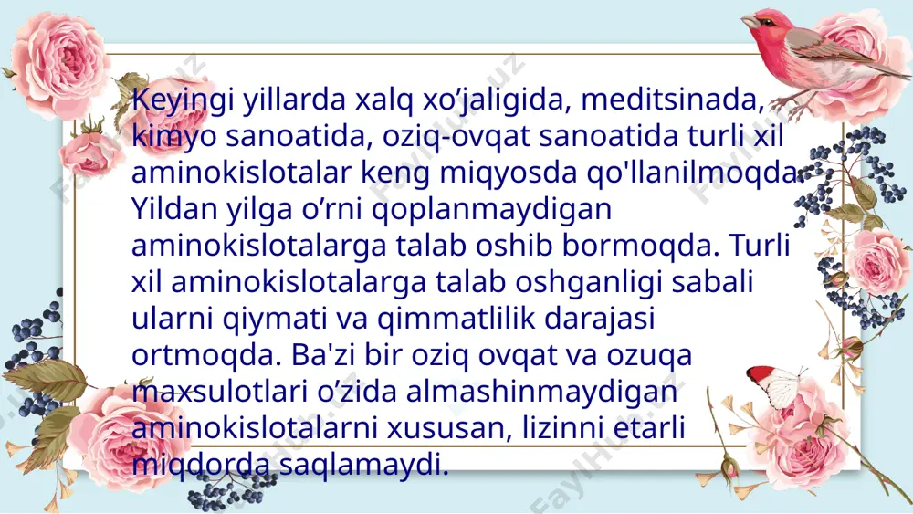 jarayonlari qatiy aseptik sharoitni talab qilganligi uchun barcha uskunalar, reaktorlar, kommunikatsiyalar va fermentatsiyaga beriladigan havo sterillanishi zarur. havoni sterillash 135-140 c haroratda o'tkir bug' bosimi ostida amalga oshiriladi. bunda sterilizatsiyaning "sovutish" usulidan ya'ni bakteriotsid gazlar (etilen) va kimyoviy reagent eritmalaridan (formalin, xlor saqlovchi birikmalar va hk.) foydalanish mumkin. sovuq sterillash amalga oshirilgandan so'ng kimyoviy reagentlar qoldiqlari steril suvda yuvib tashlanadi.kristall lizin kultural suyuqlikdan ion almashinuv usullaridan foydalanilib ajratiladi. kultural suyuqlikdan biomassa sentrifugalash yoki filtrlash orqali alohidalanadi. fermentyorlarda aralashtirishdan maqsad quyidagi vazifalarni bajarishdir: gaz-suyuqlik va suyuqlik xujayra massa uzatish intensifikatsiyasi termostatlanayotgan muxitga issiklik uzatish intensifikatsiyasi, - gaz pufakchalari va suyuqlik tomchilarining disperslanishi; - aralashtirilayotgan muxit xajmidagi xaroratning tenglashtirilishi; fermentatorlar konstruksiyasi issiklik va massa almashinish ga boglik bo'lgan xolda mikroorganizmlar xayoti va o'sish uchun mu'tadil bo'lgan sharoit bilan ta'minlay olishi zarur. demak, lizin olish texnologiyasi quyidagi bosqichlardan iborat: ekish materialini olish; oziq muhitini tayyorlash va sterillash; barcha uskunalar, kommunikatsiya va havoni tayyorlash …