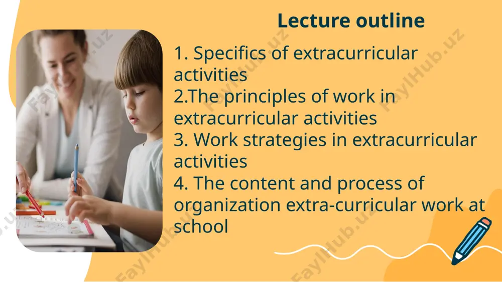 ies they offer, and to stimulate their organization and implementation. specifics of extracurricular activities extracurricular activities enrich the life of a school, often giving it a distinctiveness that makes it recognizable within its environment. the principles of work in extracurricular activities 02 we can view extracurricular activities from two perspectives: a narrower and a broader one. a narrower perspective, from a narrower point of view, extracurricular activities are part of the ˝school package˝ occurring after regular lessons a broader perspective while a broader perspective relates to the possibility of opening the school towards the wider community. a narrower understanding of extracurricular activities a narrower understanding of extracurricular activities can be found in pedagogical encyclopedia i (1989, 299), where it is stated that ˝extracurricular work encompasses the various activities of pupils within the school and organized by the school, but outside the curriculum and the programme of regular lessons˝. it is …