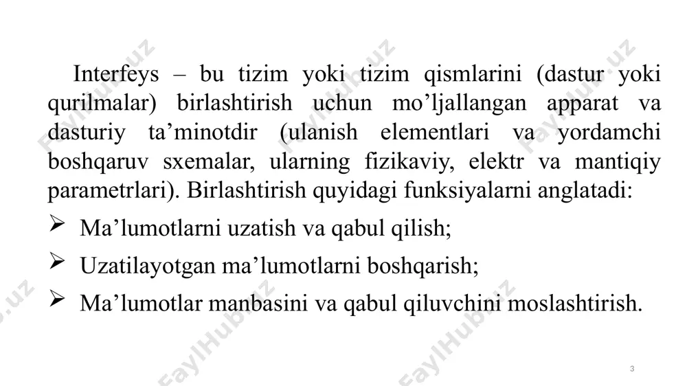 chi shina tizimli shina ko’prik periferik qurilma. kiritish-chiqarish shinalri birlamchi shina interfeysning klassifikatsiyasi o’z xususiyatlari va xarakteristikalariga ega bo’lgan turli xil maqsadlar uchun ko’plab standart kompyuter interfeyslari mavjud. ularni turli mezonlarga ko’ra sinflashtirish mumkin. 1. ma’lumotlarni uzatish usullari bo’yicha. a) parallel – bitlarning hammasini yoki bir qismini bir vaqtda sinxron uzatish, masalan, bayt, so’z, kod. ma’lumotlar shinasi bir vaqtda uzatilayotgan bitlar qancha bo’lsa, shuncha liniyalarga ega. b) ketma-ket – ma’lumotlar bitlarini ketma-ket, sinxron uzatish. ma’lumotlar uchun faqat bitta liniya talab etiladi. ketma-ket interfeyslar parallelga qaraganda sodda va arzon. ketma-ket interfeyslarning ishlashini yaxshilash uchun bir nechta ketma-ket kanallar orqali so’z razriyadlar guruhini bir vaqtda, parallel uzatilishi qo’llaniladi. 2. almashishni tashkillashtirish bo’yicha. a) simpleks (oddiy) – bir tomonlama uzatish. b) yarim dupleks – ikki tomonlama uzatish, lekin har xil vaqtda, bir xil liniyalar bo’yicha uzatish. d) dupleks – bir vaqtning o’zida ikki tomonlama uzatish. har bir yo’nalish o’z liniyalarini talab qiladi. 3. …