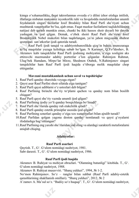 i. rauf parfi she’riyatining muayyan qismini sonetlar tashkil etadi. shoirning cho‘lpon, fitrat, mikelanjelo, chingiz aytmatov va boshqa atoqli shaxslarga, xususan, sevgilisiga bag‘ishlangan sonetlarida kechinma lirik qahramon tilidan ifoda etiladi. tuyg‘u-kechinmalar talqinidagi xolis ifoda uslubi o‘sha shaxslar mohiyatini ochishga yordamlashadi. sonetlardagi poetik obrazlar talqini o‘ziga xos. shoirning “qora devor” deb atalgan olti qismli sonetlar majmuida an’anaviy shakl o‘ziga xos tarzda namoyon bo‘lgan. sonet mohiyatan razolat olamiga nafrat tarzida yozilgan bo‘lib, qora devor poetik timsoli ramziy ma’no kasb etgan: yuragim zindoni. bir yalong‘och g‘or. sollanib turadir faqat men uchun. bunda bir muhabbat zahri qotil bor, bu zindonda bir laylo bor, bir majnun. ay, sovurdim ul sovuq shamollarga, hukm qildim o‘zimni. tong chog‘i otdim. nuqta quydim javobsiz savollarga. sonetda bexalovat ruh jonni tark etgan isyonkor xayol tarzida namoyon bo‘ladi. isyonkor xayol oqqa bo‘yalgan qora devor saltanatiga yana qaytadi, o‘z qondoshlari – kishilar holidan xabar olmoqchi bo‘ladi, lekin yana qabohatga duch kelib, o‘zining yagona …