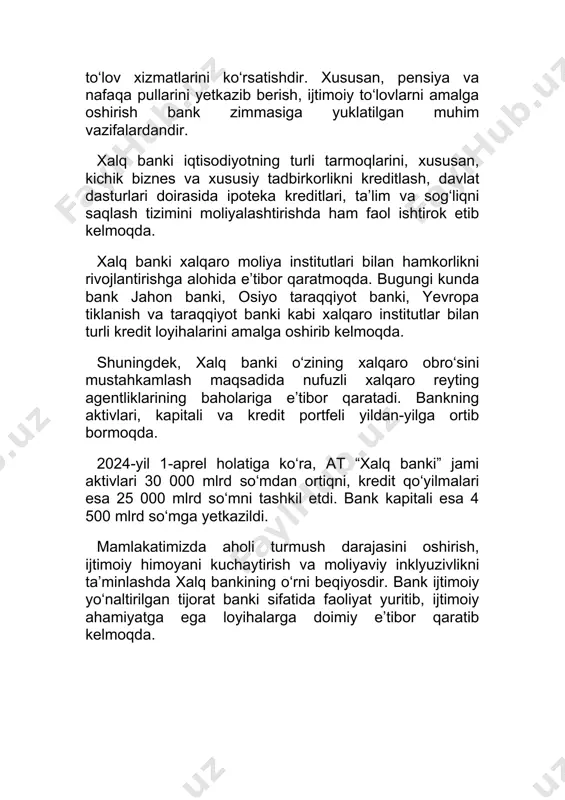 shuningdek, aholi va tadbirkorlik sub’yektlarini qo‘llab-quvvatlash maqsadida turli dasturlar doirasida milliardlab so‘m miqdorida kreditlar ajratildi. jumladan: jismoniy shaxslarga ajratilgan kreditlar hajmi – 21,9 trillion so‘m yuridik shaxslarga ajratilgan kreditlar hajmi – 7,1 trillion so‘mni tashkil etdi; pensiya va ijtimoiy to‘lovlar soni bo‘yicha mamlakatda yetakchi o‘rinda turadi. shu bilan birga, xalq banki kichik biznes va xususiy tadbirkorlikni moliyaviy qo‘llab-quvvatlashda ham faol ishtirok etib kelmoqda. bank tomonidan taqdim etilayotgan imtiyozli kreditlar, ayniqsa, ayollar va yoshlar tadbirkorligini rivojlantirishga qaratilgan. xalqaro e’tirof va reytinglar xalq bankining moliyaviy barqarorligi xalqaro reyting agentliklari tomonidan ham yuqori baholangan. jumladan: “fitch ratings” agentligi tomonidan bankka uzoq muddatli “bb-” va qisqa muddatli “b” reytinglari berilgan; “s&p global ratings” bank faoliyatini “b+” darajasida baholagan; “ahbor-reyting” milliy agentligi esa bank faoliyatini “uza+ (barqaror)” reytingi bilan belgilagan. bu reytinglar bankning ishonchliligi, moliyaviy barqarorligi va xalqaro moliyaviy institutlar bilan samarali hamkorlik qilish salohiyatini ko‘rsatadi. bankning raqamli rivojlanish yo‘li so‘nggi yillarda bank raqamli texnologiyalarni …