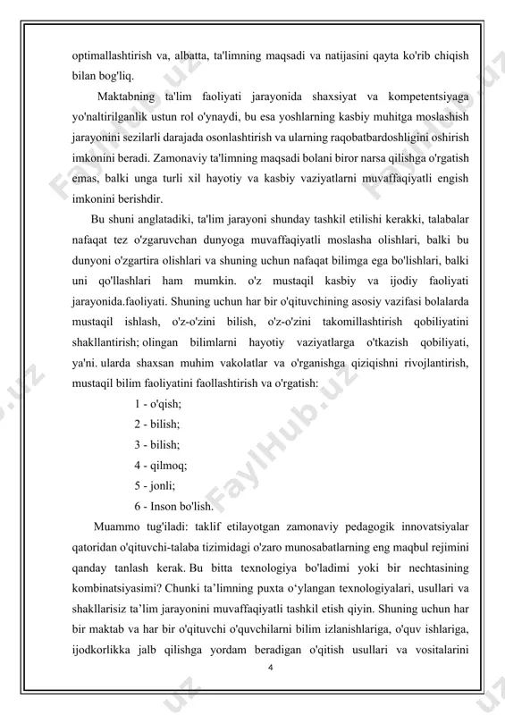 atilgan materiallarni qayta ishlash usullari, usullari va vositalari haqidagi bilimlar to'plamidir. fan va texnikaning rivojlanishi bilan inson imkoniyatlari sezilarli darajada kengaydi, ulkan o'quv resurslari va interfaol vositalarga ega yangi texnologiyalar (sanoat, elektron, axborot) paydo bo'ldi; ta'lim jarayonining ajralmas tarkibiy qismiga aylangan, unga ma'lum xususiyatlarni kiritadigan yangi usullar. "pedagogik texnologiya" - shakl va usullar, usul va usullar, ta'lim vositalari (diagrammalar, chizmalar, diagrammalar, xaritalar) ning maxsus tanlash va tartibini belgilaydigan psixologik va pedagogik sozlashlar majmuasi. texnologik shakllanishlar o'quvchilar tomonidan bilim, ko'nikma va malakalarni o'zlashtirishda, ularning shaxsiy xususiyatlari va axloqiy fazilatlarini tarbiyalashning bir yoki bir nechta bog'liq sohalarida rivojlantirishda samarali natijaga erishish imkoniyatini beradi. texnologiya pedagogik jarayonning tashkiliy-uslubiy qurolidir” (b.t.lixachev). bespalko pedagogik texnologiyani pedagogikada shaxsni shakllantirishga qaratilgan “umumiy didaktika va umuman pedagogikaning sof amaliy, amaliy davomi”ga ega boʻlgan yoʻnalish sifatida belgilagan. har qanday pedagogik texnologiya pedagogik faoliyatning ma'lum bir sohasini qamrab oladi. bir tomondan, u bir qator tegishli faoliyat turlarini (va tegishli texnologiyalarni) …
