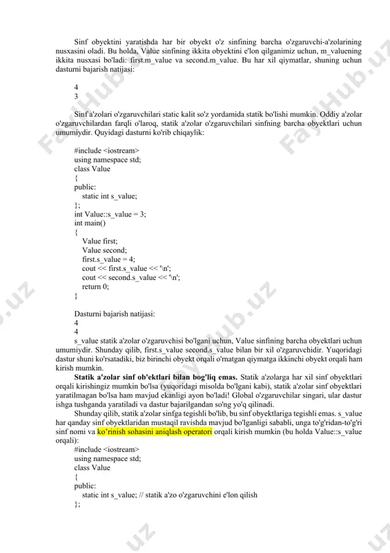 metodlar ma'lum bir obyektga bog'lanmaganligi sababli, ularni to'g'ridan-to'g'ri sinf nomi va (::) operatori orqali, shuningdek sinf obyektlari orqali chaqirish mumkin (lekin bu tavsiya qilinmaydi). barcha statik a'zolari bo'lgan sinflar haqida ogohlantirish. barcha statik a'zolar bilan sinflar yozishda ehtiyot bo'ling. bu "sof statik sinflar" foydali bo'lishi mumkin bo'lsa-da, ularning kamchiliklari ham bor. birinchidan, barcha statik a'zolar faqat bir marta yaratilgani uchun, "sof statik sinf" ning bir nechta nusxalari bo'lishi mumkin emas (sinfni klonlamasdan va uni qayta nomlamasdan). masalan, agar biz idgenerator sinfining ikkita mustaqil ob'ektiga muhtoj bo'lsak, bu "sof statik" sinf orqali mumkin bo'lmaydi. ikkinchidan, global o'zgaruvchilar haqidagi darsdan biz bilamizki, global o'zgaruvchilar xavfli, chunki kodning har qanday qismi o'z qiymatlarini o'zgartirishi mumkin va oxir -oqibat, bu o'zgaruvchilarga aloqasi yo'qdek ko'rinadigan kodning boshqa qismlarini o'zgartirishi mumkin. xuddi shu narsa "sof statik" sinflar uchun ham amal qiladi. hamma a'zolar sinfga tegishli (va uning obyektlariga emas) va sinflar global miqyosga ega bo'lgani uchun, …