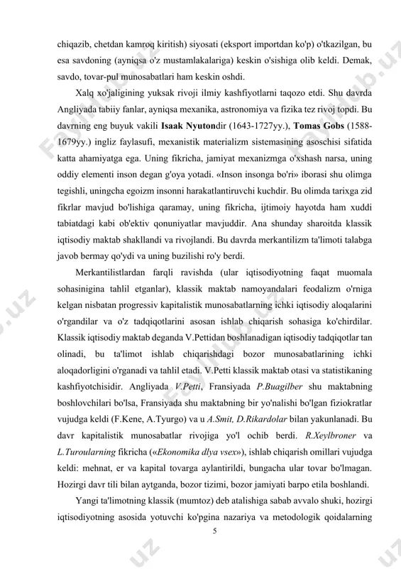 arqli ravishda (ular iqtisodiyotning faqat muomala sohasinigina tahlil etganlar), klassik maktab namoyandalari feodalizm o'rniga kelgan nisbatan progressiv kapitalistik munosabatlarning ichki iqtisodiy aloqalarini o'rgandilar va o'z tadqiqotlarini asosan ishlab chiqarish sohasiga ko'chirdilar. klassik iqtisodiy maktab deganda v.pettidan boshlanadigan iqtisodiy tadqiqotlar tan olinadi, bu ta'limot ishlab chiqarishdagi bozor munosabatlarining ichki aloqadorligini o'rganadi va tahlil etadi. v.petti klassik maktab otasi va statistikaning kashfiyotchisidir. angliyada v.petti, fransiyada p.buagilber shu maktabning boshlovchilari bo'lsa, fransiyada shu maktabning bir yo'nalishi bo'lgan fiziokratlar vujudga keldi (f.kene, a.tyurgo) va u a.smit, d.rikardolar bilan yakunlanadi. bu davr kapitalistik munosabatlar rivojiga yo'l ochib berdi. r.xeylbroner va l.turoularning fikricha («ekonomika dlya vsex»), ishlab chiqarish omillari vujudga keldi: mehnat, er va kapital tovarga aylantirildi, bungacha ular tovar bo'lmagan. hozirgi davr tili bilan aytganda, bozor tizimi, bozor jamiyati barpo etila boshlandi. yangi ta'limotning klassik (mumtoz) deb atalishiga sabab avvalo shuki, hozirgi iqtisodiyotning asosida yotuvchi ko'pgina nazariya va metodologik qoidalarning haqiqiy ilmiy xarakteri bilan izohlanadi. …