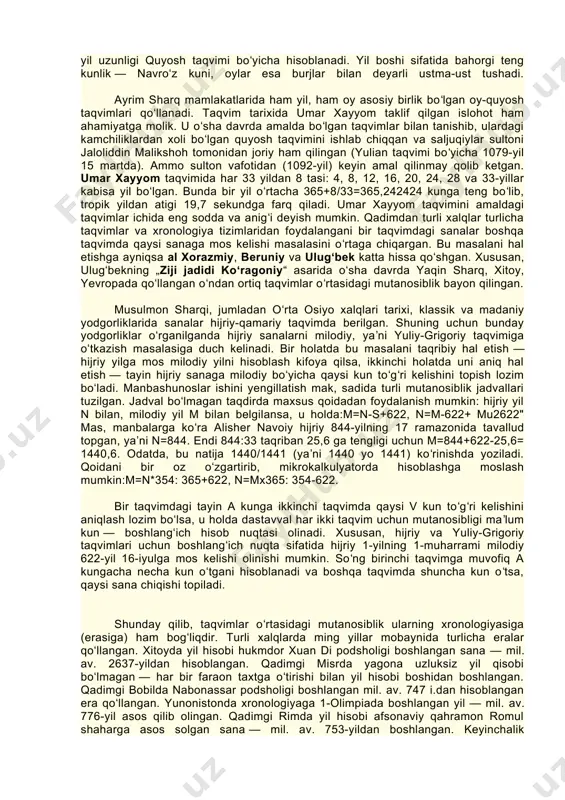 onologiya deb ataladi. grigoriy taqvimi qabul qilingan mamlakatlarning koʻpchiligida xronologiya iso masihning tugʻilgan kunidan boshlanadi, yaʼni iso (as) tugʻilgan kun 1-yilning 1 yanvari deb qabul qilingan. tarixning mana shu sanasigacha davri eski era (miloddan avval), keyingi davri esa yangi era (milodiy) deb ham ataladi. oy taqvimida asosiy birlik vazifasini sinodik oy oʻtaydi. oy yer atrofida aylanishi davomida quyoshning toʻgʻrisiga kelishi oy boshi deyiladi. bu vaqtda oy koʻzga koʻrinmaydi, 1—2 kundan keyin u gʻarbda kechqurun oʻtkir oʻroq („yangi oy“) shaklida koʻrinadi. oy taqvimida 12 oy bir yilni tashkil etadi. sinodik oy 29,5306 sutka, yaʼni 29 kun 12 soat 44 min. 3 sek. boʻlgani uchun bir yil taxminan 354 kunga teng boʻladi. hozir oy taqvimi arab mamlakatlarida amal qiladi. 20-asrgacha u asosiy aholisi musulmon boʻlgan mamlakatlar, jumladan, bizning yurtimizda ham qoʻllangan va hijriy (aniqrogʻi hijriy-qamariy) taqvim deb atalgan. hijriy taqvimda xronologiya paygʻambar muhammad (as)ning makkadan madinaga koʻchib borgan (arabcha hijrat) kunidan boshlanadi. …