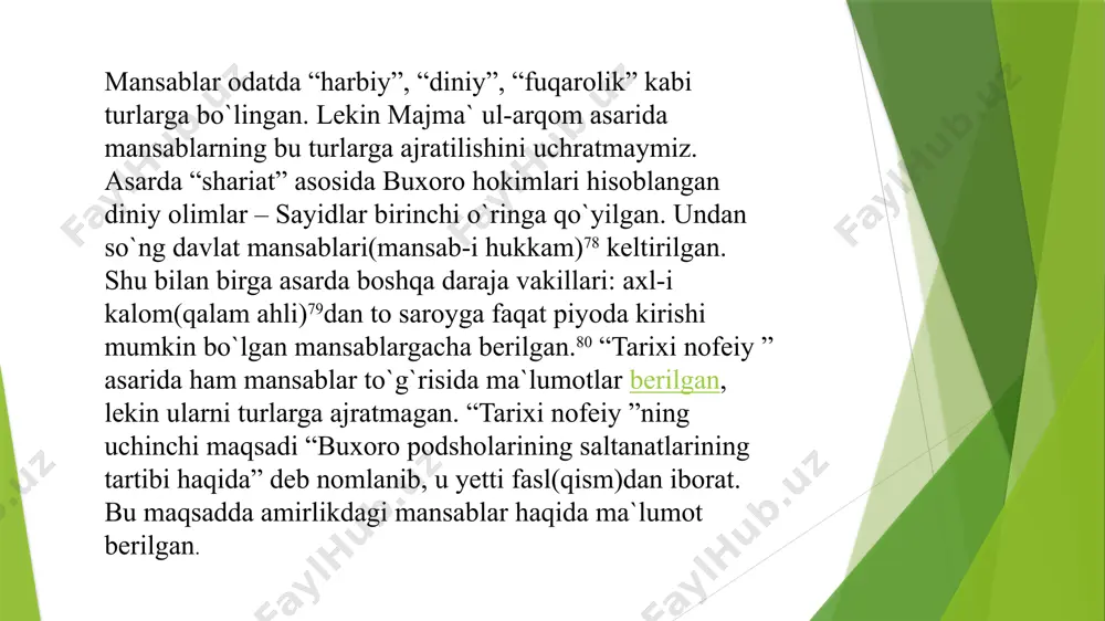 ii.”qo`shbegi kalon” – katta qo`shbegi. ovchilar, ovchilik asboblari, qushlar va itlardan xabardor bo`lib turadigan amaldor.97 iii.”inoqi kalon” – katta inoq. umaro, shogirdpeshalar va boshqa-larga amir suhbatiga musharraf bo`lgan yoki bo`lmaganlari to`g`risida xabar bergan. iv. “xo`jai kalon” – katta xo`ja. saroy mahramlarining kattasi. amir harami eshigining posboni. haramga lozim bo`lgan oziq-ovqat va kiyim-kechaklarni yetkazib bergan. yuqorida zikr etilgan amallarning amir atrofida maxsus o`rinlari bo`lgan. bular ahli qalamdan alohida turgan. amir ijozati bilan “devonbegi kalon” saroyga otga minib kelishi mumkin edi quyidagi amaldorlar ham amir yaqinlaridan bo`lib, amirning amri bilan otda saroyga kelishlari mumkin bo`lgan. bularning martabalari “ko`kaldosh”, “qo`shbegi”, “inoq” va “xo`ja kalon”dan ancha past turgan. bular “inoqi xurd”(kichik inoq), “mehtari kalon”(katta mehtar), “devoni sarkor” va “dasturxonchi”. “inoqi xurd” amir muhrlari saqlanadigan sandiqchaga posbonlik qilgan. elchilarning xatlari, arizalari avval “inoqi xurd”(kichik inoq) qo`liga berilgan. u xatni ochib, amirning amri bilan ovoz chiqarib o`qib berish uchun “munshiy”ga bergan. “mehtari kalon” vazifasi shundan iborat …