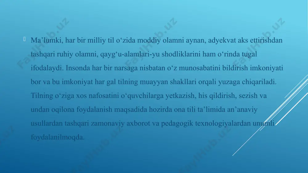 di. bu kabi xatoliklarning oldini olish maqsadida “o‘zbek tilining imlo qoidalari”dagi “ayrim unlilar va undoshlar imlosi” yuzasidan tegishli nazariy ma’lumotlar mavzular o‘tilgach, quyidagicha topshiriq beriladi: o‘quvchi va o‘qituvchi o‘rtasidagi aloqa mustahkamlanadi;  o‘quvchilar ona tilidan olingan bilim va malakalarni xotirlashga, esga olishga harakat qiladi;  materiallarni bir-biriga solishtiradi, taqqoslaydi;  xulosalar chiqaradi, orfografik bilimlarni mustahkamlaydi. ayniqsa, og‘zaki nutqda h – x, b – p, d – t, z – s kabi birining o‘rniga ikkinchisi ko‘p qo‘llaniladigan undosh tovushlarning imlosini o‘rgatishda kakografiya usuli yaxshi samara beradi. . tili shirinning do‘sti ko‘p. qattiq gap qarindoshga ham yoqmas. bunday topshiriqlar o‘quvchilardagi ko‘rish, eslash, narsalarni bir-biriga solishtirish va zaruriy xulosalar chiqarish kabi aqliy-ruhiy xususiyatlarning rivojlanishiga turtki bo‘ladi. umuman olganda, biz – yoshlar vatanimiz o‘zbekistonning qanotlarimiz. bugun bizning oldimizda ona tilini o‘rganish borasida yagona to‘g‘ri yo‘l turibdi. bizdan millatimizning bebaho boyligi, xalqimiz tafakkurining tengsiz javohiroti sanalgan o‘zbek tilini mukammal o‘rganishimiz, og‘zaki va yozma savodxonligimiz yuksak …