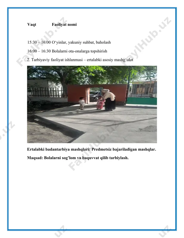 uri: rolli o‘yin o‘tkazilishi: · bolalar kasb kiyimlarini kiyib turli shakllardagi buyumlarni gavdalantiradi (masalan, uy to’rtburchak, tog’ uchburchak). · o‘yinchoqlarning shakllari aniqlanadi. (masalan, koptok doira shaklda, ). 3. rasm faoliyat: “raketa chizamiz” maqsad: tasviriy ifoda va kasb haqida fikrlashni rivojlantirish. faoliyat turi: rasm chizish o‘tkazilishi: · har bir bola o‘ziga yoqqan kasb egasini tasvirlaydi. · so‘ngra chizgan rasmi haqida qisqacha gapirib beradi: “bu mening rasmim. bu oshpaz. u ovqat pishiradi.” 4. didaktik o‘yin: “kimga nima kerak?” maqsad: kasbga oid jihozlar va vositalarni ajrata olishni o‘rganish. faoliyat turi: didaktik o‘yin o‘tkazilishi: · stol ustiga turli kasb egalari uchun mos va nomos vositalar qo‘yiladi. · tarbiyachi: “shifokorga nima kerak?”, “oshpazga nima kerak?” — degan savollar orqali bolalar to‘g‘ri jihozlarni tanlaydi. 5. jismoniy faoliyat: “kasb harakati” (musiqali) maqsad: kasbga oid harakatlarni tanib olish va jismoniy rivojlanish. faoliyat turi: musiqa ostida harakatli o‘yin o‘tkazilishi: · musiqa yangraydi, tarbiyachi aytadi: “endi biz quruvchilarmiz – g‘isht …