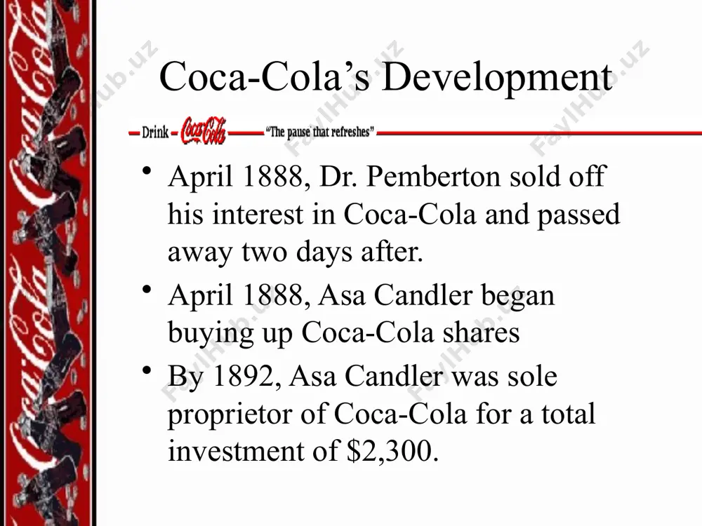 e of its suppliers/customers. coca-cola has been proactive in the situation. coca-cola will survey the company’s critical suppliers/customers to determine their status on y2k compliance. coca-cola’s external environment external environment consists of: economic social/demographic ecological political coca-cola’s economic coca-cola’s products are somewhat sensitive to economic slumps loyal patrons, however, view coca-cola as an inexpensive pleasure disposable income is generally rising around the world coke is exactly the kind of company i like. i like products i can understand. i don’t know what a transistor is, but i appreciate the contents of a coke can. berkshire hathaway’s purchase of stock in the coca-cola company was the ultimate case of me putting my money where my mouth was. -- warren buffett coca-cola’s economic coca-cola’s business in foreign currencies result in currency exposure of the company. strong u.s. dollar means weaker currencies elsewhere. coca-cola utilizes hedging tools to minimize this risk. coca-cola’s social …