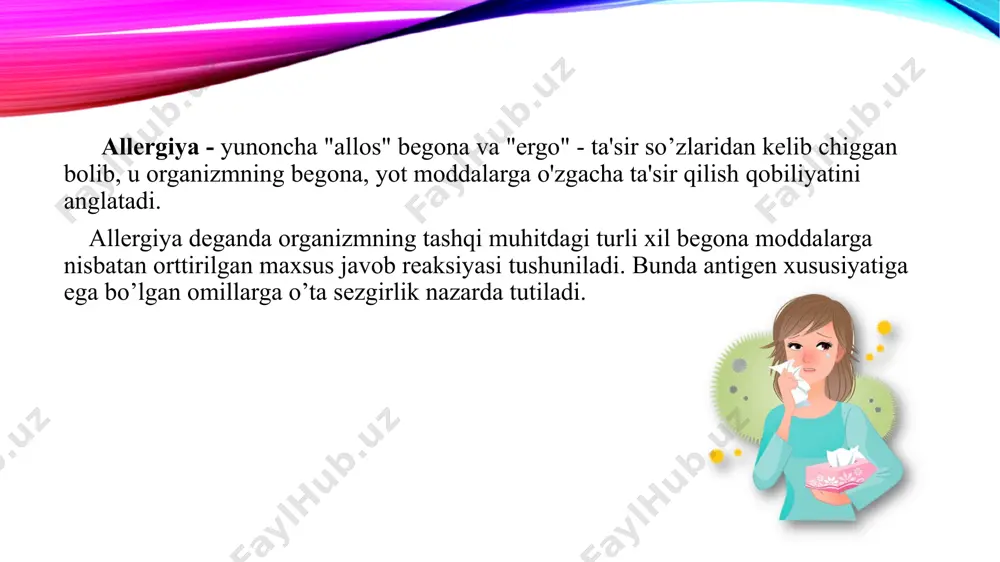 javob reaksiyasini paydo bo’layotgan antitelolarning miqdori sinfi va turlarining o'zgarishiga olib keluvchi tomonga o'zgarishi - bu immunoglobulinlarning katta migdorda paydo bolishiga olib keladi; c) immun reaksiyalarning patokimyoviy bosqichining o'ziga xos kechishida mediatorlarning paydo bolish xarakteri va kuchida aks etuvchi hamda ularni yemiruvchi ferment tizimida gistamin ajralib chiqishining kuchayishi bilan qonning gistaminopektik xususiyatining pasayishi kuzatiladi. bu xususiyatlar nasl orqali o’tishi yoki tashqi muhitdagi omillar ta'siri ostida orttirilishi mumkin. allergenlarning organizmga kirish yo'llariga ko'ra: 1. respirator. bu yo'l bilan gul changlari, chang-to'zon, ayerozollar, epidermal allergenlar va ba’zi dori vositalari va b. kiradi. 2. alimentar. ovqat allergenlari faqat ovqat hazm qilish yo'llarinigina emas, balki nafas yo'llarini (allergik rinit, bronxial astma), teri va shilliq pardalarining (toshma, allergik ekzema va b.) kasalliklarini ham chaqiradi. 3. kontakt - bevosita aloqa, tegish orqali. bu yo'l bilan kichik molekulalar, moddalar, mahalliy ishlatiladigan dori vositalari, bo'yoqlar, yog'och yelimlari, kremlar va b. orqali tushadi. 4. parenteral (qon zardobi, dori vositalari, …