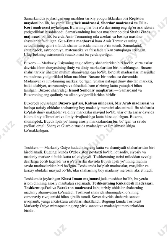shdi. toshkent, buxoro va samarqand kabi shaharlarda yangi sanoat tarmoqlari rivojlanib, shaharlar yangilandi. biroq, sovet davrida ko‘plab tarixiy obidalar va madaniy yodgorliklar zararlangan yoki o‘zgartirilgan. shu bilan birga, sovet davri o‘zida ilmiy tadqiqotlar va texnologiyalarning rivojlanishini ham ta'minladi. 1991-yil markaziy osiyo davlatlari mustaqil bo‘lgandan so‘ng, shaharlarda tarixiy merosni saqlash va rivojlantirishga katta e'tibor qaratildi. o‘zbekiston, tojikiston, qozog‘iston va boshqa markaziy osiyo davlatlari mustaqillikdan so‘ng o‘z tarixiy, madaniy va ilmiy merosini tiklash va saqlashga alohida ahamiyat bermoqda. samarkand, buxoro va xiva kabi shaharlarda arxitektura yodgorliklari tiklanib, turizmni rivojlantirishga katta e'tibor qaratilmoqda. bu shaharlarda arxitektura, san'at va ilm-fan merosini saqlashning yangi usullari ishlab chiqilmoqda markaziy osiyo shaharlari, qadimdan hozirgi kunga qadar o‘zining boy tarixi, madaniyati va ilmiy merosi bilan tanilgan. samarkand, buxoro, toshkent, xiva kabi shaharlarda tarix, madaniyat, ilm-fan va savdo o‘zining gullab-yashnagan davrini boshdan kechirgan. bugungi kunda ushbu shaharlarda tarixiy obidalar va yodgorliklarni saqlash, madaniy turizmni rivojlantirish, ilmiy tadqiqotlarni amalga oshirish …