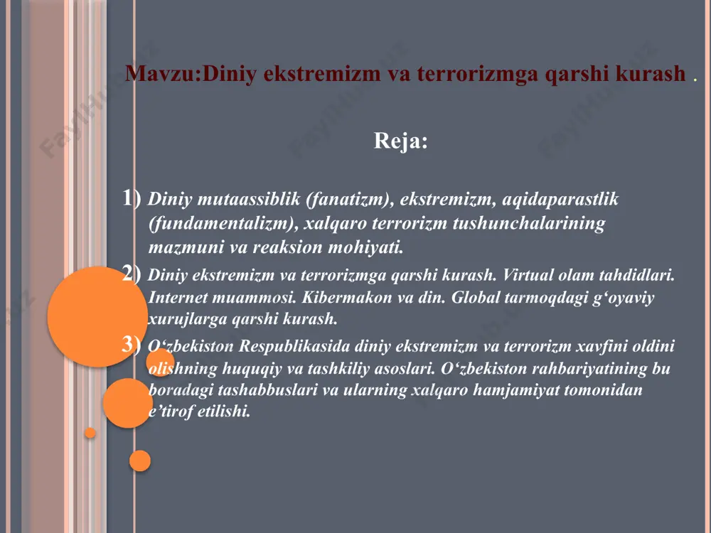 a va harakatlarni beqarorlashtirishga qaratilgan siyosiy qo‘poruvchilik faoliyatini ifodalaydi. u og‘ir jinoyatlardan bo‘lib, uzoq davom etgan jarayonlarning hosilasi hisoblanadi. xalqaro terrorizm fenomeni, ayniqsa, xx asr boshlarida avj ola boshladi, ya’ni xalqaro terrorizmga qarshi kurashda davlatlararo hamkorlikni yo‘lga qo‘yilishi o‘tgan asrning 30-yillaridan boshlangan. masalan, 1934 yilda madridda bo‘lib o‘tgan jinoyatchilikka oid qonunlarni unifikatsiyalashtirish muammolariga bag‘ishlangan konferensiyada terrorizmning «aholini dahshatga solish va har qanday ijtimoiy tashkillashuvni yo‘q qilish maqsadida biror bir vositani qo‘llash» degan ma’nodagi ta’rifi qabul qilinishiga erishilgan. 1937 yilda 20dan ortiq davlat terrorizmning oldini olish va bunday harakatlar uchun jazolash haqidagi konvensiyani imzoladi. islom niqobidagi ekstremizmning g‘oyaviy ildizlari. islom niqobi ostida paydo bo‘lgan ekstremistik harakatlar tarixiga e’tibor beradigan bo‘lsak, ularning ildizlari uzoq o‘tmishga, hatto islom tarixining birinchi asriga borib taqalishini ko‘rish mumkin. uning ilk vakillaridan biri sifatida 657 yili xalifa ali (r.a.) askarlaridan ajralib chiqqan, o‘zlarini haqiqiy musulmon, saflariga qo‘shilmaganlarni «dindan qaytgan» deb e’lon qilib, ularga qarshi murosasiz kurash olib …