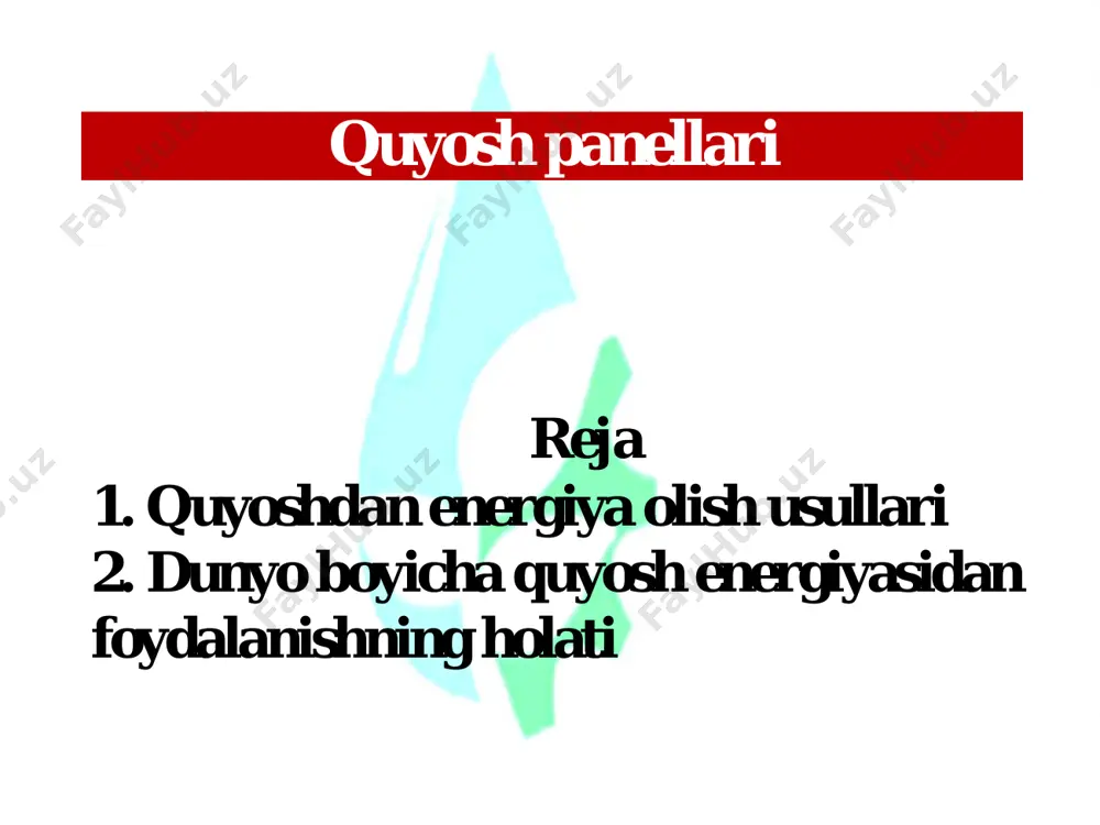 l http://www.essolar.ru/ quyosh kollektorlari kollektorlar taxminan ikki yuz yil oldin ishlab chiqilgan. ulardan eng mashhuri - shishadan yasalgan tekis kollektor, yog'och quti va ichki isitish qatlami - 1767 yilda shveytsariya olimi horace de sossure tomonidan yaratilgan. keyinchalik ser jon xerschel 1930-yillarda janubiy afrikaga ekspeditsiyasi paytida quyosh kollektorini ovqat pishirish uchun ishlatgan. rele tuzulishi fik yassi quyosh kollekorlari 30-50%, ishchi harorati 100c gacha, fik vakumli kollektorlari 40-60%, ishchi harorati 300c gacha quyosh panellari polikristal fik =13-22% monokristal fik =12-24 % quyosh panellarining birinchi prototiplari italiyalik fotokimyogari jakomo luiji chamichian tomonidan yaratilgan. 1954 yil 25 aprelda “bell laboratories” kompaniyasining vakillari elektr tokini ishlab chiqarish uchun kremniy asosidagi birinchi quyosh xujayralari yaratilganini e'lon qildi. 10 yil oldingi estapeda quyosh energiyasidan foydalanish bo’yicha quyosh panellari yerdagi umumiy barcha ishlaydigan quyosh o‘rnatilgan gvtni 2020 yilda panellarining tashkil etdi. 2019 yilda yerdagi quvvati 760 barcha ishlaydigan quyosh panellarining umumiy o'rnatilgan quvvati 635 gvtni tashkil etgan edi. …
