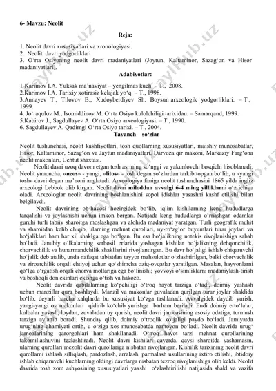 neolit davri va madaniyatlari — DOC