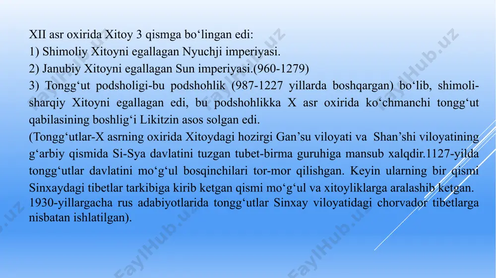 n о‘lpon olish uchun vakil yuboradi. vakil chingizxonga imperatorning buyrug‘ini tiz chо‘kib qabul qilishini talab qiladi. chingizxon vakilni qaytarib yuborib, urushga tayyorgarlik kо‘ra boshlaydi, chunki, xunn imperatori chingizxonnning amakilari barqon va xamiqoyni yovuzlarcha о‘ldirgan edi. chingizxon 1211-yil mart oyida kerulen daryosi bо‘ylaridan faqat otliqlardan iborat qо‘shin bilan xitoy tomon yо‘l oladi. yurishga uning 4 о‘g‘li-jо‘ji, chig‘atoy, о‘qtoy va tulular ham borishgan. kerulendan to xitoy devorlarigacha masofa 750 chaqirimga (1 chaqirim 1,5 km) bо‘lib, bu masofani 40-kunda bosib о‘tish mumkin edi. 1211-yil sentabrda chingizxon vu sha pxi qal’asini bosib oldi, noyabrda esa szyuy yunga kirib bordi va bu yerlarni istilo qilinishi xunn imperatorini uning shimoliy yerlaridan butunlay uzib qо‘ydi. bu paytda xunnlar poytaxtida g‘alayon boshlandi. xunnlar lashkarboshisi gushaxu imperatorini о‘ldirib, unga ukasi utubuni о‘tqazadi. mо‘g‘ullar xitoyni 90 ta shahrini talon-taroj qildilar. utubu mо‘g‘ullar bilan 1211yil dekabrda tinchlik shartnomasi imzolaydi, mо‘g‘ullar ketgandan sо‘ng poytaxtni janubga byan gin (hoz. kayfin)ga kо‘chiradi. utubu kidan …