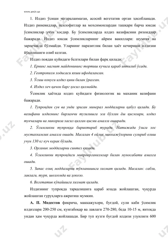 иб чиқиши, шохланиши ва морфологик тузилиши назарда тутилади. келиб чиқишига кўра илдизлар 3 гуруҳга бўлинади. 1. асосий илдиз. 2. ён илдиз. 3.қўшимча илдизлар. асосий илдиз уруғнинг муртак қисмидаги муртак илдизчасининг ривожланишидан ҳосил бўлади. асосий илдиздан ҳосил бўладиган илдизларни биринчи тартибли ён илдизлар, биринчи тартиблидан ҳосил бўлганларни иккинчи тартибли, учинчи тартибли ва ҳоказо. қушимча илдизлар ер ости ўзгарган новдалар, пиёзбошлар, туганаклар ва илдизпоялардан ҳосил бўлади. асосий, қушимча ва ён илдизлар ўсимликнинг илдиз системасини ҳосил қилади. тузилишига кўра ўқ ва попук илдизлар ҳосил бўлади. ўқ илдиз икки паллали ўсимликлар учун хос бўлиб унда асосий илидз яхши ривожланган бўлади. попук илдизда асосий илдиз яхши ривожланмайди, унинг ўрнига ён илдизлар тараққий этган бўлади. бундай илдизлар бир паллали ўсимликлар учун хосдир. 3. илдиз метоморфозига илдиз мевалар киради (сабзи, лавлаги, турп, шолғом). илдизмевалар 3 қисмдан тузилган бўлади. бош, бўйин ва ҳақиқий илдиз қисмидан. илдизмеванинг бош қисмида барг ва баргли куртаклар жойлашган бўлади. морфологик нуқтаи назардан бу …