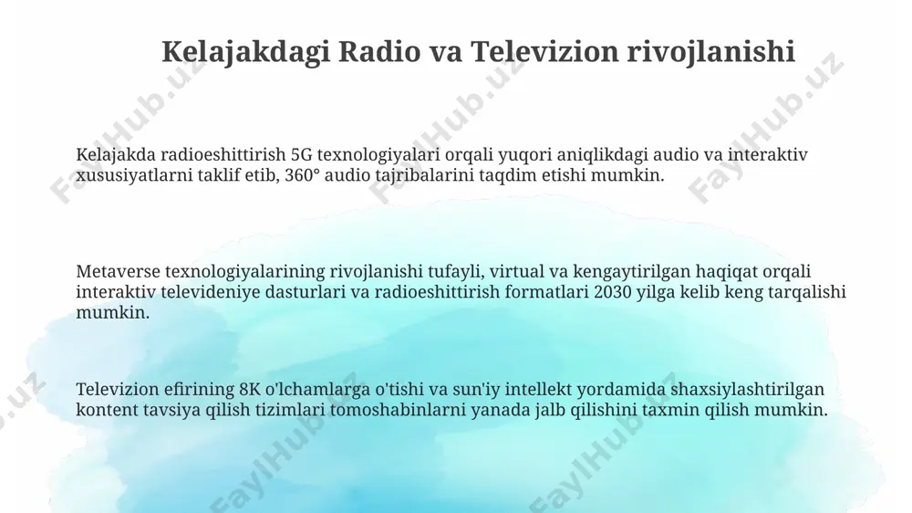 ntsc, pal va secam bo'lib, ular skanerlash chastotasi va rang kodlash tizimlarida farqlanadi. masalan, pal 50 hz chastotadan foydalanadi. hdtv (yuqori aniqlikdagi televidenie) 720p yoki 1080p kabi yuqori piksellar sonini ta'minlaydi, bu esa an'anaviy televideniyaga nisbatan ancha aniq va batafsil tasvir beradi. e'tiboringiz uchun rahmat @taqdimot_robot image1.png