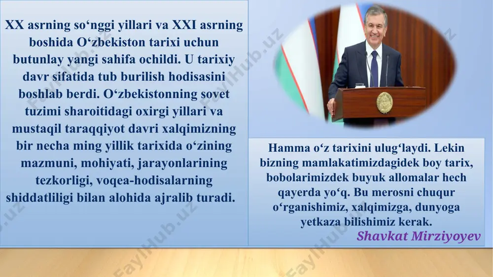 lar va ularning mamlakat taraqqiyotidagi ahamiyati tashkil etadi. “o’zbekistonning eng yangi tarixi” o’quv faninig ob’yekti fanining ob’ekti esa aniq tarixiy davr, makon, zamon va minraqaviy chegaralar, ma’lum bir xalq, millat, mamlakat tarixi bilan bog’liq bo’lib, shular doirasidagi voqea va hodisalarning bir butun va yaxlitlikda o’z ichiga oladi. fanning vazifasi- mustaqil o’zbekistonimizning tarixi, madaniyati, ijtimoiy-siyosiy hayoti, yurtimizda amalga oshrilayotgan islohatlar haqida yoshlarga bilim berishdan iborat . fanning ilmiy-nazariy metodologik asoslari- tarixiy-ma’naviy merosimizga tayangan holda mamlakatimizda ko’plab ilmiy tadqiqotlar amalga oshrilayotganligi, darslik va qo’llanmalar, monografiyalar, ilmiy asarlar asos bo’ladi. fanni o’rganishning nazariy-uslubiy asoslari. birinch prezident i.karimov asarlari darslikalar, mutahasislar asarlari, ilmiy to’plamlar o’zbekiston respublikasi konstitutsiyasi qonunlar, qarorlar, farmon va farmoyishlar prezident sh. mirziyoev nutqi va ma’ruzalari fanning ilmiy-nazariy uslublari va uning tamoyillari tarixiy hodisa va voqealarni, hujjat va faktlarni ilmiy, xolisona o‘rganish va tahlil qilish; tarixni milliylik va umuminsoniylik asosida o‘rganish va tahlil qilish; tarixni haqqoniy, tarixiy-falsafiy mantiqiylik asosida o‘rganish va yozish; …