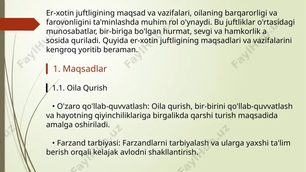 osabatlarning asosidir. ishonchni mustahkamlash uchun har bir a'zo o'z va'dalariga sodiq qolishi va ochiq bo'lishi kerak. • muammolar yuzaga kelganda, ularni hal qilishda bir-biriga yordam berish ishonchni oshiradi. sadoqatning ahamiyati: • oila a'zolari o'rtasida sadoqatni saqlash, qiyin vaziyatlarda bir-birini qo'llab-quvvatlashga yordam beradi. • sadoqat, oila ichida barqarorlik va tinchlikni ta'minlaydi. 3. hurmat va qadr-qimmat bir-birining shaxsiy chegaralarini hurmat qilish: • har bir oila a'zosining shaxsiy hayoti, qiziqishlari va ehtiyojlariga hurmat ko'rsatish zarur. • shaxsiy chegaralarni hurmat qilish, oila a'zolarining o'zlarini erkin his qilishlariga yordam beradi. qadr-qimmatni tan olish: • oila a'zolarining yutuqlarini va qobiliyatlarini qadrlash, ularning o'zini yaxshi his qilishlariga yordam beradi. • har bir a'zo o'zining ahamiyatini his qilishi, oilaviy muhitni yanada mustahkamlashga yordam beradi. 4. qo'llab-quvvatlash emotsional qo'llab-quvvatlash: • oila a'zolari bir-birining his-tuyg'ularini tushunishga harakat qilishlari va qiyin vaziyatlarda bir-birini qo'llab-quvvatlashlari kerak. • emotsional qo'llab-quvvatlash, stress va tashvishlarni kamaytiradi. moliya va resurslarni baham ko'rish: • moliyaviy masalalarda hamkorlik …