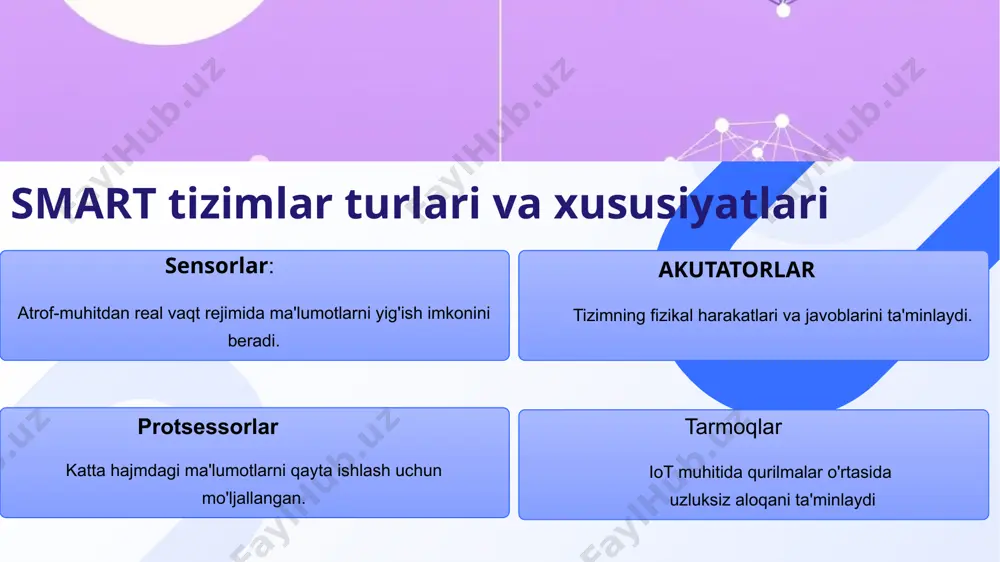 ls ppt/notesmasters/_rels/notesmaster1.xml.rels ppt/_rels/presentation.xml.rels ppt/slidelayouts/_rels/slidelayout1.xml.rels ppt/slidelayouts/_rels/slidelayout2.xml.rels ppt/slidelayouts/_rels/slidelayout3.xml.rels ppt/slidemasters/_rels/slidemaster1.xml.rels ppt/slidemasters/_rels/slidemaster2.xml.rels ppt/slidemasters/_rels/slidemaster3.xml.rels ppt/slides/_rels/slide1.xml.rels ppt/slides/_rels/slide10.xml.rels ppt/slides/_rels/slide2.xml.rels ppt/slides/_rels/slide3.xml.rels ppt/slides/_rels/slide4.xml.rels ppt/slides/_rels/slide5.xml.rels ppt/slides/_rels/slide6.xml.rels ppt/slides/_rels/slide7.xml.rels ppt/slides/_rels/slide8.xml.rels ppt/slides/_rels/slide9.xml.rels [content_types].xml 单击此处编辑母版标题样式 单击此处编辑副标题 公司名 署名 单击此处编辑母版标题样式 单击此处编辑母版文本样式 第二级 第 三级 第 四级 第 五级 单击此处编辑母版标题 署名 单击此处编辑母版标题样式 单击此处编辑母版文本样式 第二级 第 三级 第 四级 第 五级 单击此处编辑母版标题样式 署名 单击此处编辑母版标题样式 单击此处编辑母版文本样式 第二级 第 三级 第 四级 第 五级 o‘zbekiston respublikasi oliy ta’lim, fan va innovatsiyalar vazirligi zahiriddin muhammad bobur nomidagi andijon davlat universiteti it injiniringi fakulteti kompyuter injinirigi at-servis yo‘nalishi 3-bosqich 302-guruh talabasi yusupov shukurillovning ___________________________________________________ mustaqil ishi mavzu: smart tizimlar va iot qurilmalarda raqamli tuzilmalar andijon-2024 smart tizimlar va iot qurilmalarda raqamli tuzilmalar smart tizimlarning nazariy asoslari smart tizimlar - bu atrof-muhitdan olingan ma'lumotlarni qayta ishlash va ularni avtomatlashtirilgan qarorlar shaklida taqdim etadigan zamonaviy tizimlardir. bu tizimlarning asosiy komponentlari quyidagilardan iborat bundan tashqari.smart tizimlar jamiyatdagi muammolarni yechishda yangi imkoniyatlar ochib berib, turli sohalarda samaradorlikni oshirishga xizmat qiladi. ular, xususan, energiya tejash, xarajatlarni …