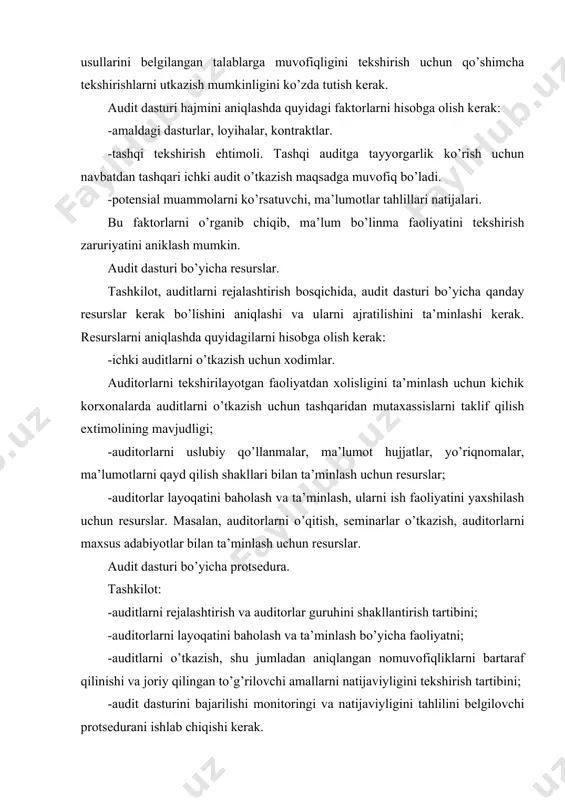 azish, kuzatishlar natijalarini bayonlashtirish, hisobotlarni rasmiylashtirishda auditorlar ishini osonlashtiradi; -auditda ish vaqtini qisqartiradi. audit dasturi bo’yicha yozuvlar ichki auditni rejalashtirish, amalga oshirish va uni natijalari bo’yicha hisobot hujjatlari (yozuvlar) ni olib borish zarur. bu yozuvlarga: -auditlar rejalari; -auditlar bo’yicha hisobotlar; -nomuvofiqliklar to’g’risida hisobotlar (aktlar); -to’g’rilovchi amallar to’g’risida hisobotlar; -auditorlarni ish tajribasi, ularni o’qishi to’g’risidagi yozuvlar; -ularni faoliyati va layoqatliligini baholash natijalari misol bo’la oladi. audit dasturini monitoringi va tahlili ichki audit jarayonining monitoringi rejalashtirilgan tadbirlar bajarilishini nazorat qilish va audit dasturi maqsadlariga erishilish darajasini baholash maqsadida o’tkaziladi. ichki audit jarayonini «asboblar bilan o’lchab» bo’lmasligi sababli, monitoring o’tkazish va audit dasturi bajarilishi natijaviyligini baholashga imkon beruvchi jarayon indikatorlarini belgilash zarur. indikatorlarni quyidagilarga imkon beradigan qilib belgilash zarur: -faoliyatni dastur va auditlar grafigiga muvofiqligini nazorat qilish (masalan, tegishli hujjatlarda rejalashtirilgan tadbirlar bajarilganligi, ularni bajarilgan sanasi va javobgar shaxsni imzo ko’rsatiladigan grafalar ko’zda tutilishi); -auditorlar guruhini audit rejasini bajarish qobiliyatini baholash (bu erda …
