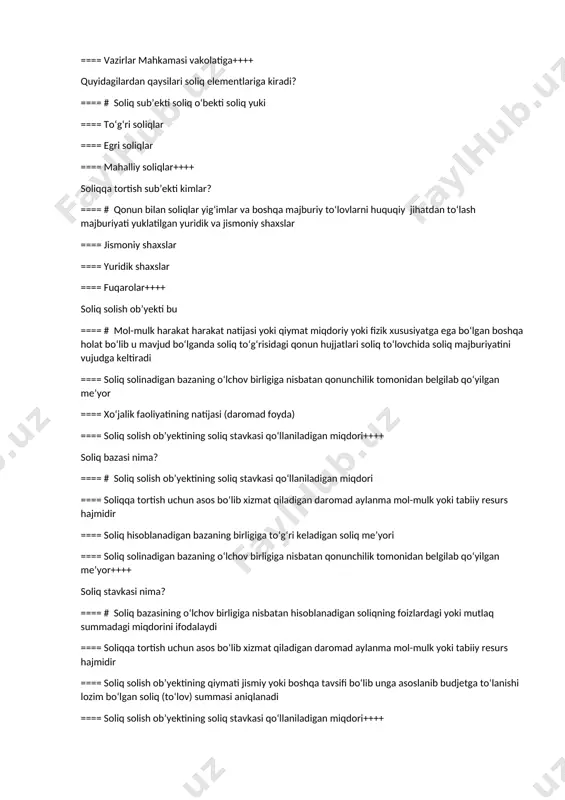 sat beruvchi hujjatlarni berish uchun to‘lanishi lozim bo‘lgan yig‘imlar davlat boji tushuniladi ==== yuridik shaxslar tomonidan budjetga undiriladigan to‘lovlar tushuniladi ==== jismoniy shaxslar tomonidan budjetga to‘lanadigan majburiy to‘lovlar tushuniladi++++ «yig‘im» tushunchasiga ta’rif bering ==== # budjet tizimiga to‘lanadigan soliq kodeksida yoki boshqa qonun hujjatlarida belgilangan majburiy to‘lov tushuniladi bu yig‘imning to‘lanishi uni to‘lovchi shaxsga nisbatan vakolatli organ yoki uning mansabdor shaxsi tomonidan yuridik ahamiyatga ega harakatlarni amalga oshirish shu jumladan unga muayyan huquqlarni yoxud ruxsat etuvchi hujjatlarni berish shartlaridan biri bo‘ladi ==== jismoniy shaxslar tomonidan budjetga to‘lanadigan majburiy to‘lovlar tushuniladi ==== yuridik shaxslar tomonidan budjetga undiriladigan to‘lovlar tushuniladi ==== muayyan miqdorlarda undiriladigan muntazam qaytarib berilmaydigan va beg‘araz xususiyatga ega bo‘lgan budjetga yo‘naltiriladigan majburiy pul to‘lovlari tushuniladi++++ soliqlarni joriy qilish kimning vakolatiga kiradi? ==== # oliy majlis vakolatiga ==== mahalliy hokimiyat organlari vakolatiga ==== joylardagi boshqaruv organlari vakolatiga ==== vazirlar mahkamasi vakolatiga++++ quyidagilardan qaysilari soliq elementlariga kiradi? ==== # soliq sub’ekti …