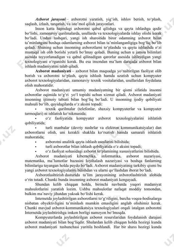 xizmatiga quyidagilar kiradi: -aloqa. -axborot, masalan ma’lumotlar, bilimlar, dasturiy ta’minotlar. hozirgi kunda axborot bozorida quyidagi tipdagi axborotlar mavjud: ishbilarmonlik axborot , ya’ni birja axborotlari, moliyaviy, siyosat va xo‘jalik axborotlari (qimmatbaho qog‘ozlar narxi, valyutalarning kurslari va boshqalar), statistik axborotlar (ijtimoiy, demografik, ekologik va boshqalar), tijorat axborotlari (korxonalar, mahsulotlar, narxlar va boshqalar bo‘yicha). professional axborot – yuristlar, vrachlar va boshqalar uchun mo‘ljallangan maxsus ma’lumotlar, ilmiy-texnik axborotlar. iste’mol axborot – yangiliklar, adabiyotlar, kompyuter o‘yinlari, videofilmlar va audio mahsulotlar. ta’lim xizmatlari – elektron darsliklar, uslubiy ko‘rsatmalar va boshqalar. axborot tizimlari va vositalarini ta’minlovchi – dasturiy mahsulotlar, texnik vositalar, axborot tizimlari va texnologiyalari ishlab chiqish va ularga xizmat qilish, ma’lumotlar bazasini ishlab chiqish va boshqalar. xordiq chiqarish – dam va rohat olish uchun ijodiy mutaxassislar tomonidan ishlab chiqilgan axborot mahsuloti. axborot mahsulot va xizmatiga misol qilib quyidagilarni keltirish mumkin: kutiladigan funksiyasi mahsulot turi xizmat ko‘rsatish kompyuter xizmatlari shaxsiy kompyuter mashina vaqtini taqsimlash bibliografiya doimiy ma’lumotlarni …