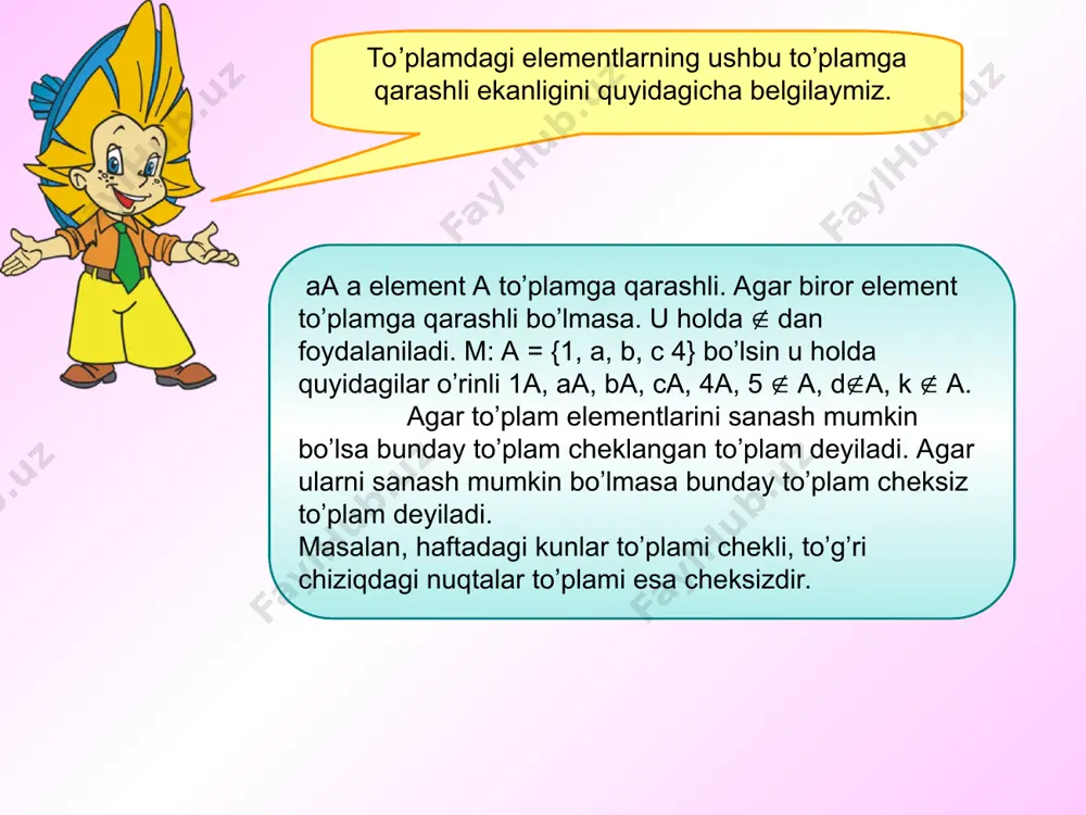 si deb shunday to’plamga aytiladiki, u faqat a yoki b to’plamning elementlarini o’z ichiga oladi. a va b to’plamlarning birlashmasi ab kabi belgilanadi. agar kesishuvchi a va b to’plamlarni eyler doiralari yordamida tasvirlasak u holda ularning birlashmasi shtrixlangan soha bilan tasvirlanadi. (2-rasm) to’plamlarning birlashmasini topishda bajariladigan operasiya ham birlashma deb ataladi. endi a – juft natural sonlar to’plami va b – 4 ga karrali natural sonlar to’plamining birlashmasi qanday to’plam ekanini aniqlaymiz. ilgariroq b a ekani aniqlangan edi. shuning uchun a b to’plamga tegishli elementlar a to’plamning elementlari bo’ladi. demak mazkur holda ab = a. to’plamlar kesishmasi va birlashmasi qonunlari to’plamlar kesishmasi va birlashmasi qonunlari 1. ixtiyoriy a va b to’plamlar uchun to’plamlar kesishmasi va birlashmasining o’rin almashtirish qonunini ifodalovchi ab = ba , ab = ba tenglikning o’rinli bo’lishi kelib chiqadi. 2. to’plamlar birlashmasi va kesishmasi uchun gruppalash qonuni ham o’rinli, ixtiyoriy a, b va c to’plamlar uchun (ab) …