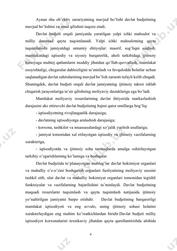 isodiyoti va eng avvalo, uning ijtimoiy sohasi holatini xarakterlaydigan eng muhim ko’rsatkichlardan biridir.davlat budjeti milliy iqtisodiyot korxonalarini texnikaviy jihatdan qayta qurollantirishda alohida ahamiyatga ega. budjetdan iqtisodiyotga qilinayotgan xarajatlar va markazlashtirilgan investitsiyalarni moliyalashtirish, eng avvalo, ana shu maqsadlarga xizmat qiladi. ayniqsa, ijtimoiy soha (maorif, sog’liqni saqlash, madaniyat va sport, fan, ijtimoiy ta’minot) xarajatlarini moliyalashtirish, oilalarga ijtimoiy nafaqa berish, aholi uchun ijtimoiy ahamiyat kasb etgan xizmatlar bahosidagi farqlarni budjetdan qoplash, davlat hokimiyati organlari, boshqaruv va sud organlarini saqlash, fuqarolarning o’z-o’zini boshqarish organlarini moliyalashtirish, mamlakatning mudofaa qobiliyatini mustahkamlash kabi vazifalarning o’z vaqtida bajarilishini ta’minlashda davlat budjetining ahamiyati juda beqiyosdir. sub’ektlarning faoliyatini moliyaviy resurslar bilan ta’minlashda davlat budjetining tartibga soluvchi o’rni quyidagi shakllarda bo’lishi mumkin: – moliyaviy resurslarga bo’lgan yangi talabni kelgusi budjet yilida budjetning xarajatlari tarkibiga kiritish; – moliyaviy resurslarga bo’lgan qo’shimcha ehtiyojni mavjud bo’lgan budjet resurslarini manyovr qilish, ya’ni budjet kreditlarini bir ob’ektdan ikkinchisiga o’tkazish. bunday imkoniyatning mavjud ekanligi amaliyotda ayrim sub’ektlarning …