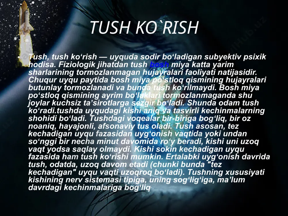 ramzining ichki ma'nolari​ uy ramzi bizning ichki holatimiz va o'zimizga bo'lgan munosabatimizni ham aks ettirishi mumkin. masalan, yaxshi parvarishlangan va qulay uy yaxshi kayfiyat va ichki uyg'unlikni anglatishi mumkin, vayron yoki yomon holatdagi uy esa biz yashiradigan yoki tan olishni istamaydigan muammolar yoki kamchiliklarni anglatishi mumkin. pisxologiyada tush ko`rish tilsimlari annotatsiya:tush ko‗rish jarayoni anglanmagan jarayon ya‘ni ongsizlik holatiga kiradi.tush ko‗rish holatini olimlar qadimdan qanday jarayon ekanligini, paydo bulish fiziologiyasini,diniy va ilmiy jixatlarini o‗rganib mhiyatini ochib berishga harakat qilib kelganlar. jumladan,ibn sino, bositxon ibn zohidxon shoshiy va psixoanaliz maktabining asoschisi zegmund freyd kabi olimlar tush ko‗rish holatlarini tadqiq qilganlar. e’tibotingiz uchun rahmat image2.png image3.png image4.png image5.png image6.png image7.png image8.png image9.png image10.png image11.png image1.jpeg /docprops/thumbnail.jpeg