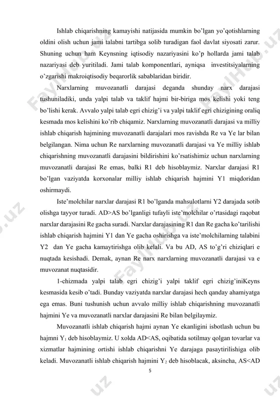 b keladi. avtonom xarajatlarning har qanday o’sishi, ya’ni δa = δ (a+i+g+xn) multiplikator samarasi hisobiga yalpi daromadlarning ko’proq miqdorga (δy) oshishiga olib keladi. avtonom xarajatlar multiplikatori muvozanatli yaim o’zgarishning avtonom xarajatlarning har qanday komponenti o’zgarishiga nisbatini ko’rsatadi: µ = δy /δa: bu erda: µ - avtonom xarajatlar mul’tiplikatori; δy – muvozanatli yaimning o’zgarishi; δa – avtonom xarajatlarning y o’zgarishiga bog’liq bo’lmagan o’zgarishi. mul’tiplikator - yalpi daromadlar avtonom xarajatlarning dastlabki o’sishi (kamayishi)dan necha marta ortiq o’sganligini (kamayganligi) ko’rsatadi. avtonom iste’mol δsa miqdorga o’ssa, bu yalpi xarajatlar va daromadlar (u) ning o’sha miqdorda o’sishiga olib keladi. bu esa, o’z navbatida iste’molning ikkinchi marta (daromadlar oshishi hisobiga) mrs x δsa miqdorda o’sishiga olib keladi. keyinchalik yalpi xarajatlar va daromadlar mrsxδsa miqdorda yana o’sadi. shunday qilib, «daromad-xarajat» ko’rinishidagi doiraviy aylanish bo’yicha jarayon davom etaveradi. δsa↑ ad↑y↑c↑ad↑y↑c↑ad↑y↑ va hokazo. ushbu oddiy vaziyatdan ko’rinib turibdiki, yalpi daromadlar (y), avtonom iste’molning dastlabki o’zgarishi δsa↑ ga nisbatan bir …