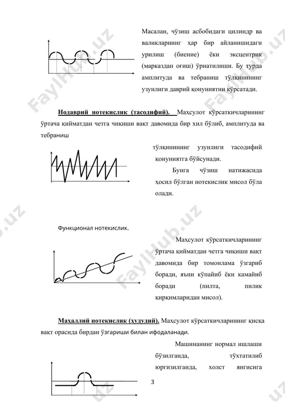 a shu mahsulotning uzunligi bo'yicha turli qirqimlarida har xil uzunlikdagi tolalar xissasini (taqsimlanish) o'zgarishi tarkibiy notekislikni hosil qiladi. tarkibiy notekislik differentsial funktsiya f(e) bilan ifodalanadi. shunday qilib, yigirish mahsulotlari notekisligi ko'p omilli va juda murakkab xodisa bo'lib, uning kelib chiqishi sabablari va kamaytirish chora tadbirlari o'rganiladi. yigirish mahsulotlarining notekisligiga quyidagilar sabab bo'lishi mumkin: 1. ishlatilishi lozim bo'lgan xom ashyo, ya'ni tolalarning asosiy xossalari bilan tekismasligi. 2. tolalar aralashmasida komponentlar miqdorining doimiy bo'lmasligi, ularning yaxshi aralashmaganligi. 3. mashinalar holatining yomonligi, ularning yaxshi ishlamasligi. 4. ishchilar malakasining etarli emasligi, mehnatni tashkil qilishdagi nuqsonlarning mavjudligi. 5. tsexdagi harorat va namlik sharoitlarining tez-tez o'zgarib turishi. notekislikning zararligi to'qimachilik mahsulotlarining sifatli bo'lishi ko'p jihatdan yigirilgan ipning qanchalik ravon ishlanilishiga bog'liq. agar ipning notekisligi yuqori bo'lsa, uning nisbiy pishiqligi kamayadi, demak undan to'qilgan matoning pishiqligi ham kam bo'ladi. notekis ipdan to'qilgan matoda har hil nuqsonlar paydo bo'ladi (yo'l-yo'lik va boshqa) tashqi ko'rinishi yomonlashadi, unga talab kamayadi. …
