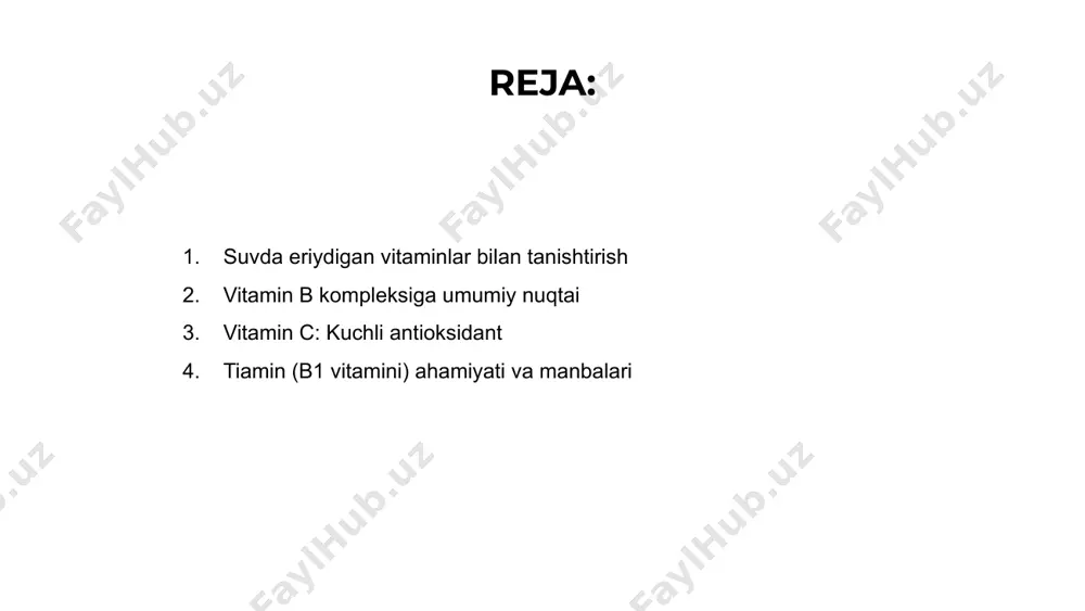 t planet of them all 1 2 3 riboflavin (b2 vitamini) foydalari va etishmasligi riboflavin, shuningdek, b2 vitamini sifatida ham tanilgan, oziq-ovqatni energiyaga aylantirish va sog'lom teri, ko'z va jigar faoliyatini qo'llab-quvvatlash uchun zarurdir. riboflavin etishmovchiligi charchoq, zaif o'sish, teri va ko'rish muammolari kabi alomatlarga olib kelishi mumkin. riboflavinni etarli darajada olishingizga ishonch hosil qilish uchun dietangizga sut mahsulotlari, yog'siz go'sht va yashil bargli sabzavotlar kabi manbalarni kiriting. niatsin (b3 vitamini) va uning metabolik funktsiyalari b3 vitamini sifatida ham tanilgan niatsin organizmdagi turli metabolik funktsiyalar uchun zarur bo'lgan suvda eriydigan vitaminlardan biridir. u ovqatni energiyaga aylantirishda muhim rol o'ynaydi, ovqat hazm qilish va asab tizimining to'g'ri ishlashiga yordam beradi. niatsin sog'lom terini, to'g'ri qon aylanishini va umumiy yurak-qon tomir sog'lig'ini saqlashga yordam beradi. optimal sog'liq uchun foyda olish uchun dietangizga niatsinga boy ovqatlarni qo'shing. vitamin b6: piridoksinning salomatlikdagi roli 1 2 3 vitamin b6, shuningdek, piridoksin sifatida ham tanilgan, umumiy …