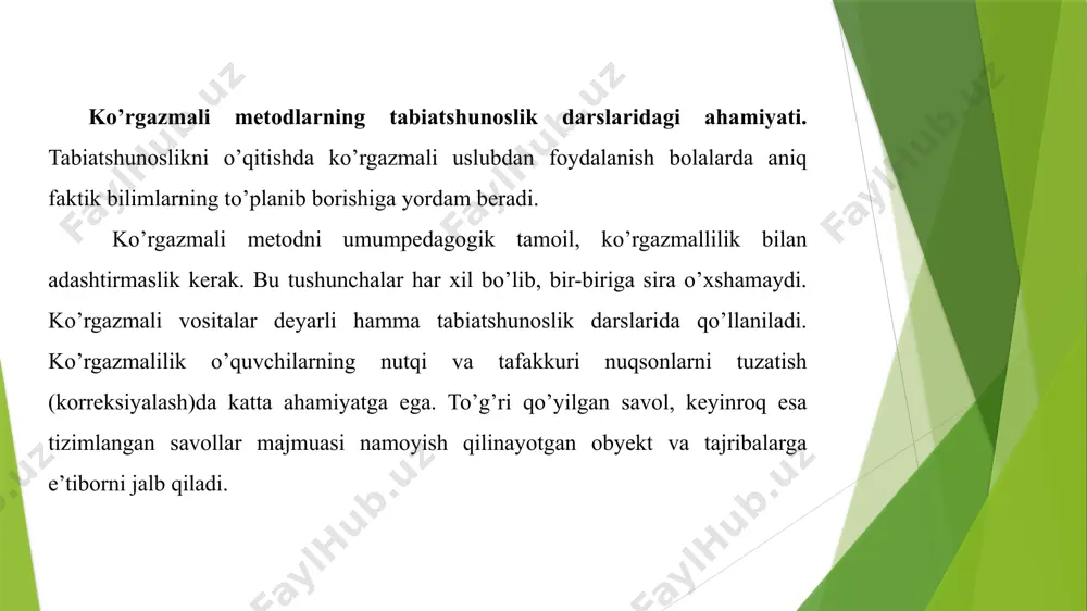 archasi yaxshi ko’rishlari uchun u sinf doskasiga o’qituvchi stoli balandligida o’rnatiladi. tirik hayvonlarni namoyish qilish o’quvchilarga faqat ularning tashqi ko’rinishi haqidagina emas, balki harakati, qiliqlari, ovozi va hokazolar haqida ham tasavvur hosil qilish imkonini beradi, bu tasavvurlar ancha to’liq va ravshan bo’ladi. kuzatishlarga yaxshiroq rahbarlik qilish uchun o’qituvchi o’quvchilar oldiga kuzatilayotgan jismning katta-kichikligi, shakli, rangi, jonli bo’lsa, yuz asosiy qismlari, harakatlanish usuli haqida, shuningdek, boshqa narsalarga o’xshashligi va ulardan farqiga oid yo’naltiruvchi savollar qo’yadi. suratlar bilan ishlash metodikasi. tabiatshunoslikni o’qitishda o’qituvchi o’quvchilarga ular hali ko’rmagan ko’pgina ob‘ekt va hodisalar to’g’risida ma‘lumotlar beradi. biroq eng jozibali va qiziqarli hikoya ham, agar yaxshi surat ko’rsatilmasa, yetarli to’liq va yorqin tasavvurlar bera olmaydi. faqat suratlarni diqqat bilan ko’rib chiqish orqali tabiiy holdagi jism bilan tanishishdagiga yaqin keladigan taassurotlarni hosil qilish mumkin. tasviriy ко'rgazmali qurollarga-jadvallar, suratlar, sxemalar, qismli rasmlar, gulqog'ozlar to'plami, xarita, globusa, modellar, mulyajlar, plakatlar, proektsion apparatlar va ekran vositalari kiradi. tabiatshunoslik darslarida …