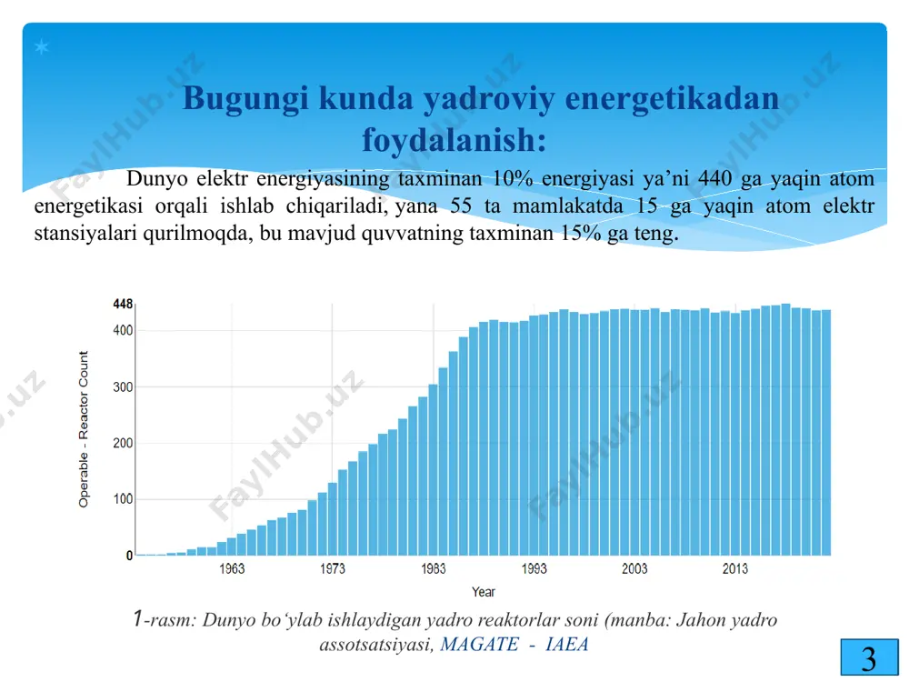 g og‘ir oqibatlaridir. buning oldini olish uchun aeslar ko'p qirrali va ortiqcha zahiralari bo'lgan eng murakkab xavfsizlik tizimlar bilan jihozlangan bo‘lib, hatto maksimal konstruktiv avariya sodir bo'lgan taqdirda ham aktivniy zonaning erishini oldini olishini ta'minlaydi. ayni vaqtda, dunyoda 1970-yillarning xavfsizlik standartlari talab qiladigan muhim xavfsizlik tizimlariga ega bo'lmagan reaktorlar ham ishlamoqda. atom elektr stansiyalari uchun jiddiy muammo - bu ishlatilgan yoqilg'ini qayta ishlash yoki yo'q qilishdir. atom energiyasining muammolari: 10 aydaho milliy laboratoriyasidagi atr (advanced test reactor) tadqiqot reaktori 11 o'zbekistonda aes qurilishi uchun ilk qadamlar energetika vazirligi rahbari joʻrabek mirzamaxmudovning soʻzlariga koʻra, bu qaror “respublika iqtisodiy manfaatlaridan kelib chiqqan holda” qabul qilingan va “spontan yoki siyosiy” ravishda emas. 2017-yil 29-dekabrda rossiya va oʻzbekiston hukumatlari oʻrtasida atom energetikasi sohasida hamkorlik toʻgʻrisidagi bitim imzolandi. shartnoma imzolangandan soʻng “rosatom” rahbari aleksey lixachev shunday dedi:"bizning taklifimiz shu yerda, oʻzbekistonda, oʻzbekiston tomoni oʻzi uchun maqbul deb hisoblagan muddatda "3+" avlodiga mansub ikki ​​blokli vver-1200 …