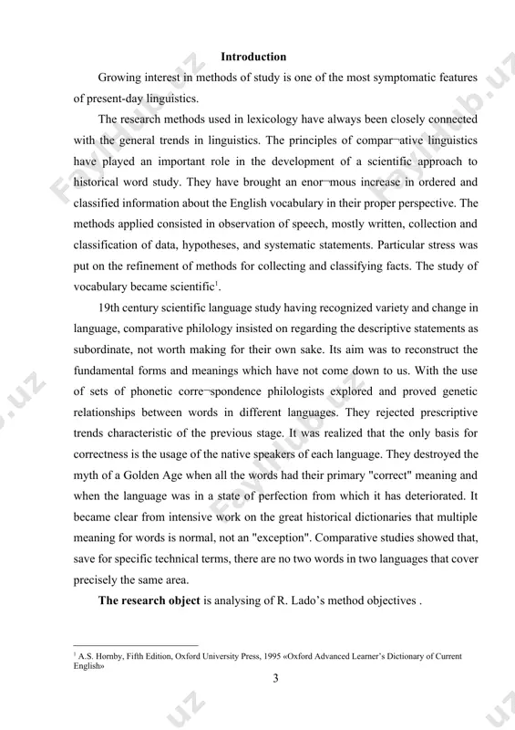 uri of entire vocabularies; classification of lexical hierarchies; taxonomic structure of specialized terminology; lexico-semantic relationships; practical implications[footnoteref:2]. [2: a.s. hornby, fifth edition, oxford university press, 1995 «oxford advanced learner’s dictionary of current english»] contrastive analysis is a relatively modern discipline, emerging as a major linguistic tool during and after world war two, particularly in the united states in the context of second and foreign language teaching. in the late 1950s, robert lado proposed contrastive analysis as a means of identifying areas of difficulty for language learners, although already in 1945 charles fries had formulated the theory. the earlier contrastive analysis research was language-focused. during the pre-chomskyan structuralist period, linguists examined features of the native language which contrasted with features of the foreign language, indicating that these would be areas most likely to cause difficulty for foreign language learners.contrastive analysis describes the structural differences and similarities of two or more languages. …
