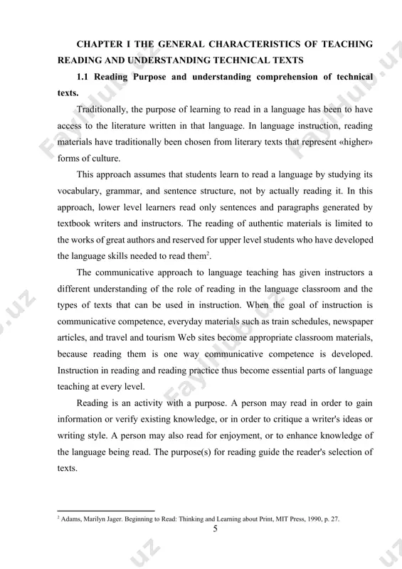 ) the purpose(s) for reading and the type of text determine the specific knowledge, skills, and strategies that readers need to apply to achieve comprehension. reading comprehension is thus much more than decoding. reading comprehension results when the reader knows which skills and strategies are appropriate for the type of text, and understands how to apply them to accomplish the reading purpose[footnoteref:4]. [4: alderson j.c. reading in a foreign language: a reading problem or a language problem? // alderson j.c. & urquhart a.h. (eds.). reading in a foreign language. london: longman, 1984. p. 1–24.] 1.2 goals and techniques for teaching reading comprehension. instructors want to produce students who, even if they do not have complete control of the grammar or an extensive lexicon, can fend for themselves in communication situations. in the case of reading, this means producing students who can use reading strategies to maximize their comprehension of text, …