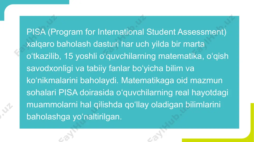 k tizimlar formal mantiq, qoidalar va matematik modellardan foydalanishni qamrab oladi. masalan, matematik modellashtirish, algoritmlar va matematik qoidalar. matematik savodxonlikning baholash mezonlari: tushunish – matematik tushunchalar va jarayonlarni tushunish qobiliyati. qo‘llash – matematikani real hayotiy muammolarni yechishda qo‘llay olish. tahlil qilish – muammolarni o‘rganish va ularga yechim topish uchun matematik mantiqdan foydalanish. pisa mazmun sohalari real hayotiy vaziyatlarni yechish uchun zarur bo‘lgan bilim va ko‘nikmalarni baholashga qaratilgan bo‘lib, zamonaviy ta’limning sifatini aniqlashda muhim rol o‘ynaydi. e'tiboringiz uchun rahmat! image1.png image2.png image3.png image4.png image5.png image6.png image7.png image8.png image9.png image10.png image11.png image12.png image13.png image14.png image15.png image16.png image17.png image18.png