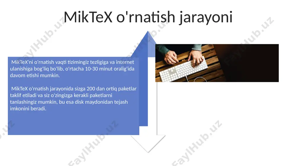 agi harflarni qo'shish imkonini beradi. fayl nomini `.tex` kengaytmasi bilan saqlang, masalan, `mening_hujjatim.tex`. matnni formatlash uchun latexning turli komandalaridan foydalaning, masalan, sarlavhalar uchun `\section{}`, qalin matn uchun `\textbf{}`, kursiv uchun `\textit{}` va boshqalar. kamida 2 ta bo'lim va 5 ta satr matn qo'shing. qo'shimcha paketlarni o'rnatish overleaf kabi onlayn latex muharrirlarida qo'shimcha paketlarni o'rnatish odatda avtomatik ravishda amalga oshiriladi, biroq ba'zi hollarda 5-10 ga yaqin qo'shimcha buyruqlarni qo'lda kiritish talab etilishi mumkin. miktexda 100 dan ortiq qo'shimcha paketlarni, masalan, "amsmath" yoki "graphicx" kabi matematik formulalar va rasmlarni qo'llash uchun kerakli paketlarni osongina "package manager" orqali o'rnatishingiz mumkin. nima uchun latex kerak? latex loyihalarni birgalikda yozishni osonlashtiradi, chunki u versiya nazoratini osonlashtiradi va bir necha mualliflarga bir vaqtning o'zida hujjat ustida ishlash imkonini beradi, bu esa katta hajmdagi ishlarda samaradorlikni oshiradi. ilmiy maqolalar, kitoblar va hisobotlar yozishda latex bibliografiya boshqaruv tizimi va cross-referencing kabi funksiyalarni taklif qilib, 50% ga yaqin vaqtni …