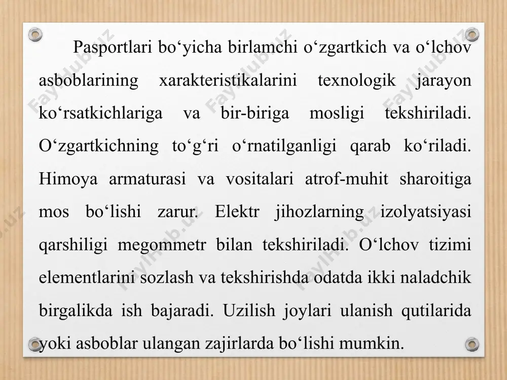 proq ishlatiladi. 15.1- rasm. elektr uskunalarni sozlash elementlari. a) kabel yoki asinxron motor cho'lg'amlarini boshi-oxirlarini aniqlash; b) sxemada uzilgan joyini qidirish; v, g) motorni aylanishlar soni va reostat qarshiligi orasidagi bog'liqlik jadvali va grafigi. asinxron motor cho'lg'amlarining butunligini tekshirish uchun biror simga asbobni ulab ikkinchisini boshqa zajirga tekkiziladi va simlarni boshi va oxiri topiladi, boshi va oxiri topilmasa, demak shu tarmoq uzilgan bo‘ladi. kabel simlarini ham xuddi shunday tekshiriladi. (15.1- rasm). sxemada uzilishlarni tekshirish uchun bir chetiga o‘lchov asbobi ulab nazorat o‘lchov asboblarining ikkinchi tomoni sxemaning o‘rtasiga ulanadi shunda sxemaning qaysi tomoni uzilganligi topiladi. aniq uzilish yoki nosozlik joylari blok-blok qilib tekshirib topiladi. bilaman bilishni istayman bilib oldim nazorat savollari: avtomatlashtirish tizimlarni sozlashda nimalarga e’tibor beriladi? avtomatlashtirish elementlaridagi nuqsonlar qaysi bosqichlarda aniqlanadi? o'rnatilgan sxemalar qanday tekshiriladi va sozlanadi? avtomat boshqarish tizimlari elementlarining diagnostikasi haqida tushuncha bering? avtomat boshqarish tizimlari elementlarini sozlashda qanday nazorat o‘lchov asboblaridan foydalaniladi? e’tiborlaringiz uchun rahmat ! …
