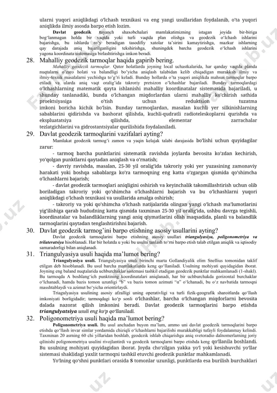 ordamida aniklaydi. tuzilishi boʻyicha ular ikki tur — vizir nuri silindrik adilak (suv tarozi) yordamida gorizontal holatga keltiriladigan nivelirga va vizir nuri oʻz-oʻzidan gorizontal holatga keladigan (kompensatorli) nivelirga boʻlinadi. birinchi turdagi nivelirning asosiy qismlari — qarash trubasi va uning yon qismiga oʻrnatilgan silindrik adilak; ikkinchi turdagi nivelirda — qarash trubasi va uning ichki qismida joylashgan optik prizmali kompensator hisoblanadi. kompensator mexanik mayatnik boʻlib, uning optik prizmasi metall yoki sintetik ikki tolali ingichka ipda osib qoʻyilgan boʻladi. u 15ʻ (minut) gacha qiya boʻlgan vizir nurni avtomatik ravishda gorizontal holatga keltirib beradi. anikligi boʻyicha nivelir anikligi yukrri (1 km masofaga nivelirlash anikligi 0,5—1,0 mm), aniq (2—3 mm) va texnik (10 mm) nivelirga boʻlinadi. nivelirlar asosiy geodezik va topografik ishlarda, barcha turdagi qurilish ishlarida, noyob binolar va murakkab inshootlarning choʻkishi hodisalarini kuzatishda, yer qobigʻi vertikal harakatini oʻrganishda va b. maqsadlarda keng qoʻllanadi. 7. masofa o’lchovchi asboblar haqida ma’lumot bering. taxeometr, ruletkalar, lazerli ruletkalar, …
