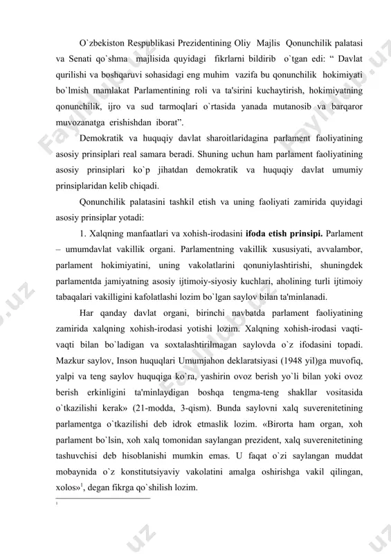 ish yo`li bilan yoki ovoz berish erkinligini ta'minlaydigan boshqa tengma-teng shakllar vositasida o`tkazilishi kerak» (21-modda, 3-qism). bunda saylovni xalq suverenitetining parlamentga o`tkazilishi deb idrok etmaslik lozim. «birorta ham organ, xoh parlament bo`lsin, xoh xalq tomonidan saylangan prezident, xalq suverenitetining tashuvchisi deb hisoblanishi mumkin emas. u faqat o`zi saylangan muddat mobaynida o`z konstitutsiyaviy vakolatini amalga oshirishga vakil qilingan, xolos» , degan fikrga qo`shilish lozim. muayyan (majoritar, proporsional, aralash) saylov tizimini tanlash parlamentning vakillik xususiyatini ta'minlashda muhim ahamiyatga ega. mazkur tanlash juda ko`p (tarixiy, milliy, siyosiy va boshqa) omillardan kelib chiqib amalga oshirilishi va jamiyatning asosiy ijtimoiy tabaqa va guruhlari manfaatlarini ifoda etuvchi parlamentning vakillik xususiyatini ta'minlashga ko`maklashishi lozim. ilg`or demokratiyalarda bunga, avvalambor, parlament saylovining asosiy subyektlari – siyosiy partiyalar yordamida erishiladi. siyosiy partiyalar jamiyatdagi turli ijtimoiy-siyosiy kuchlarning jamoatchilik fikrini shakllantiradilar va ifoda etadilar. siyosiy partiyalar – zamonaviy demokratiya tizimining ajralmas qismi, saylov kompaniyalarining asosiy ishtirokchilaridan biri. eski demokratik an'analarga ega mamlakatlarda …